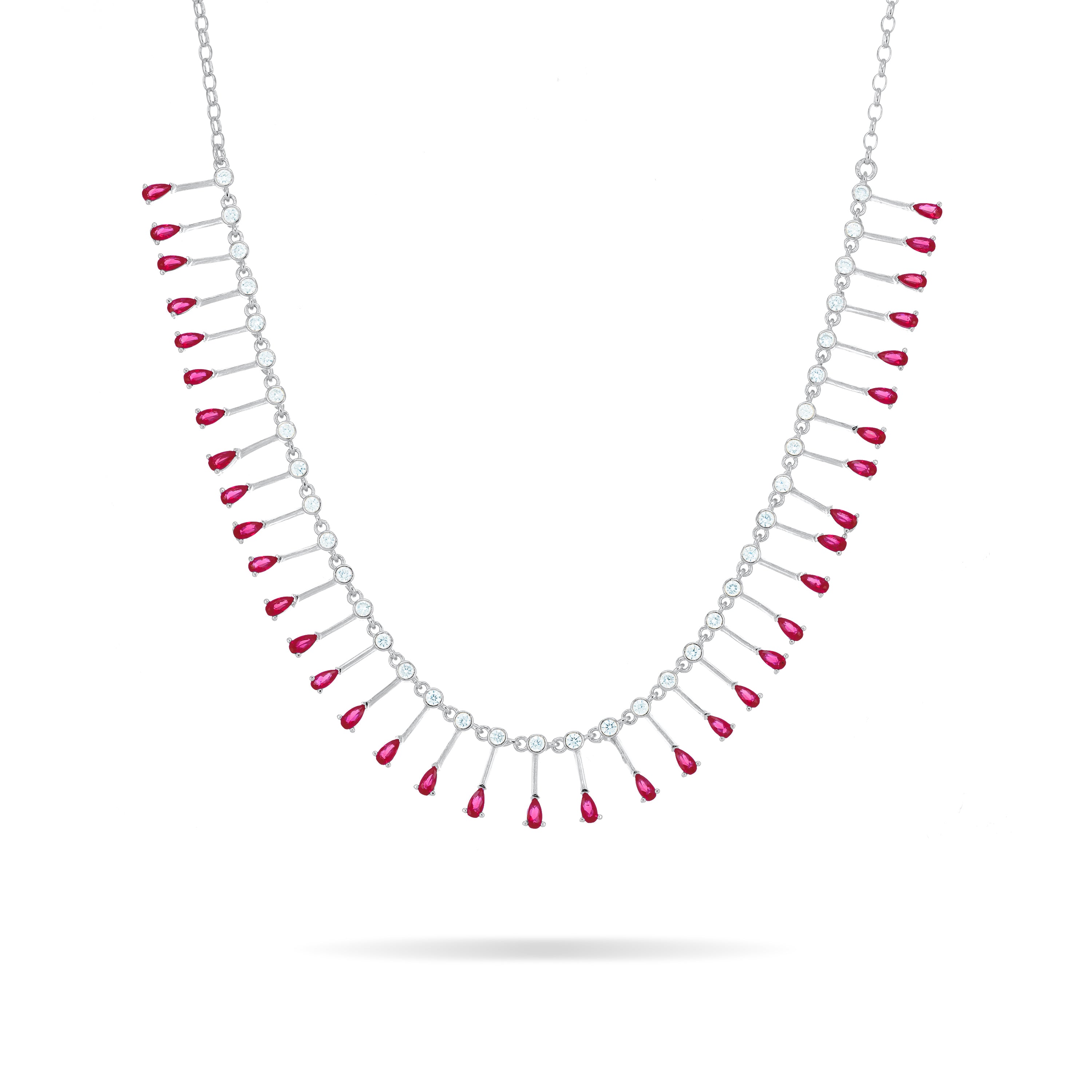 Teardrop Fringe Necklace - Silver Fuchsia And White