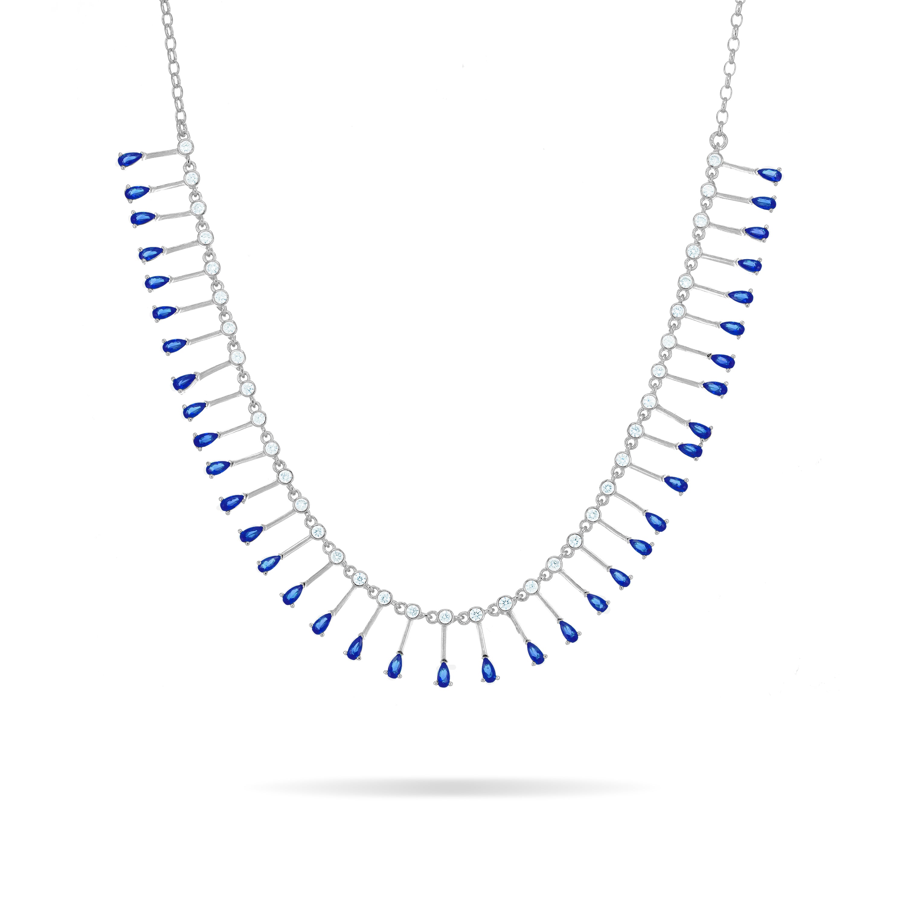 Teardrop Fringe Necklace - Silver Navy Blue And White