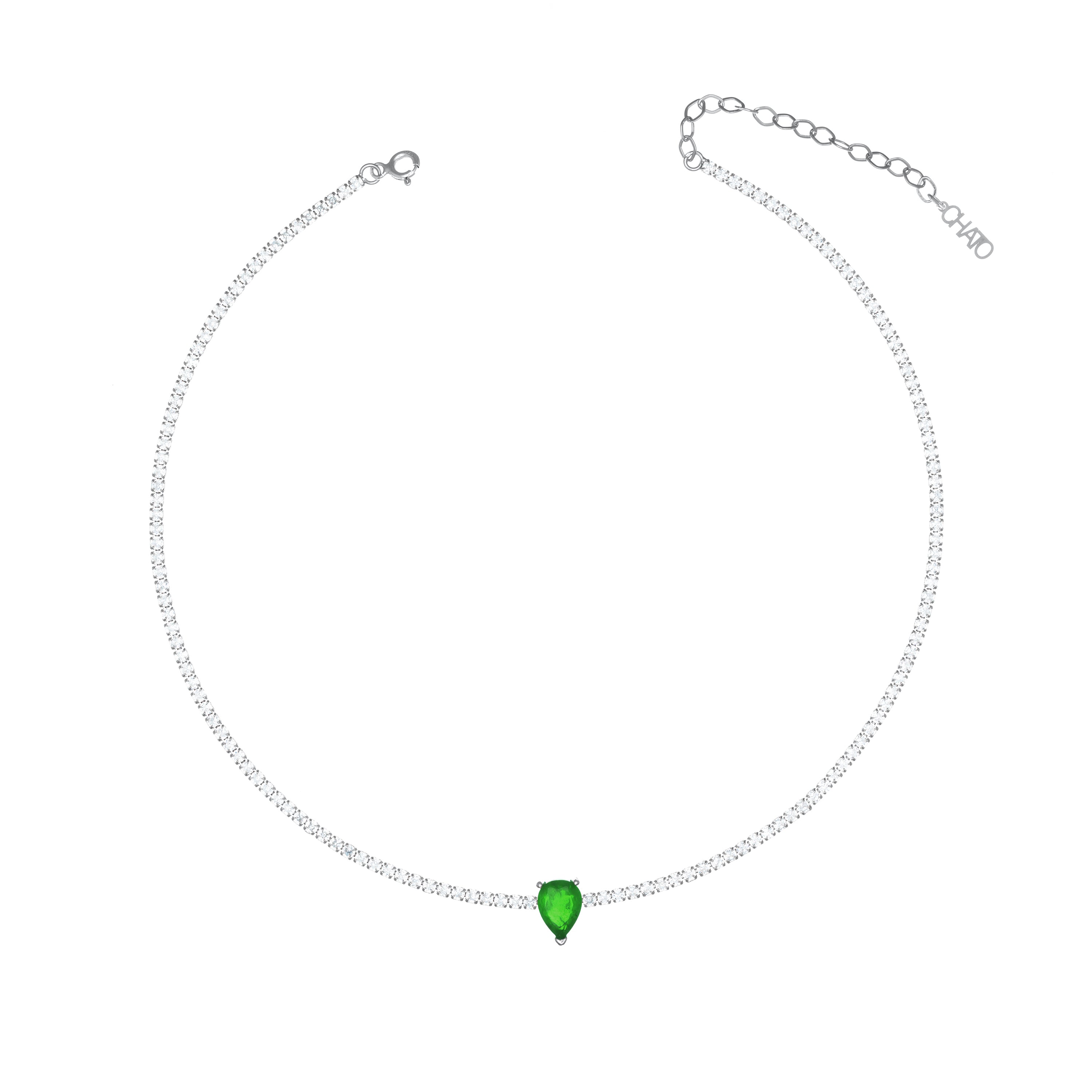Teardrop Tennis Choker With Paraiba Stone - Silver Green Matt And White - Small Teardrop