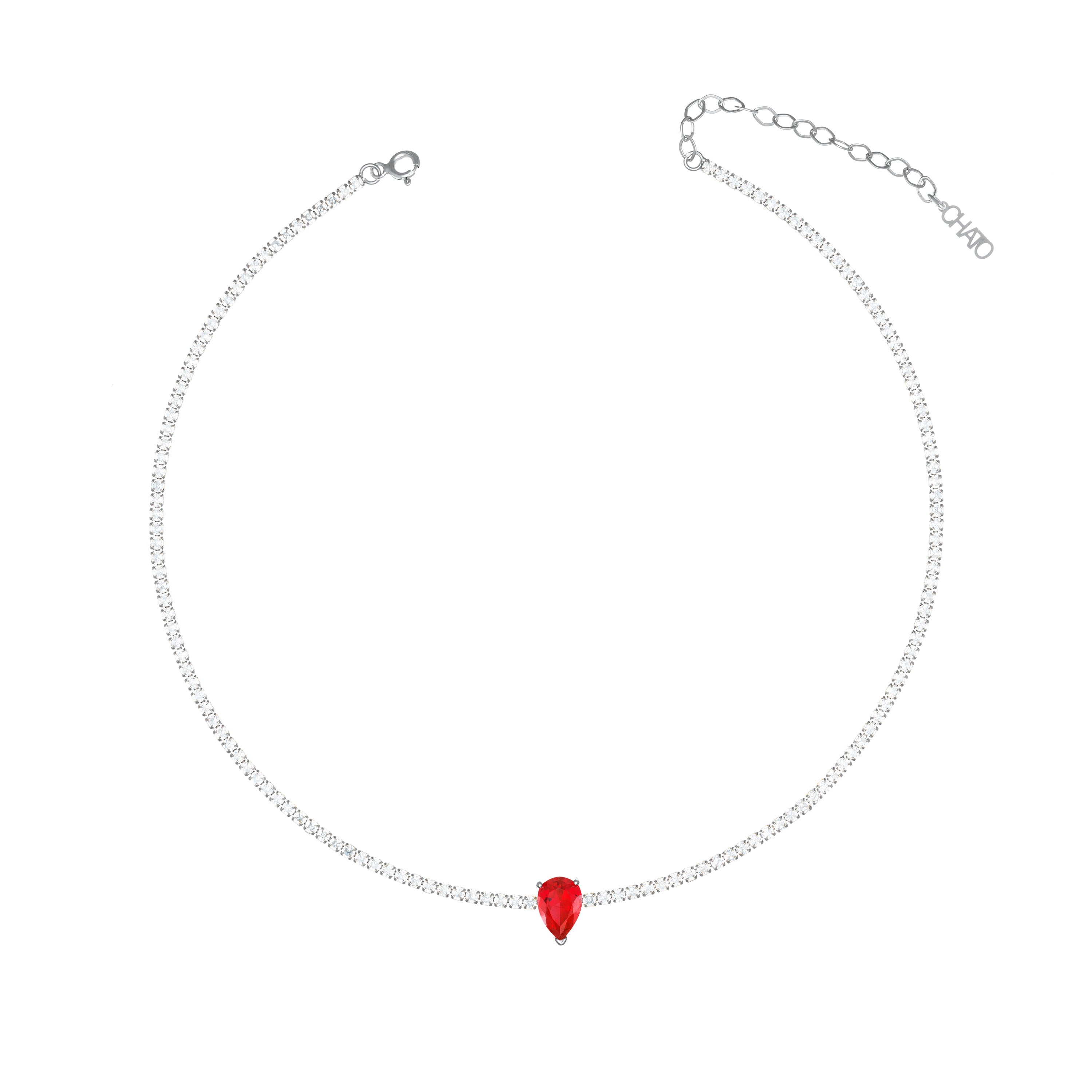 Teardrop Tennis Choker With Paraiba Stone - Silver Ruby CZ And White - Small Teardrop