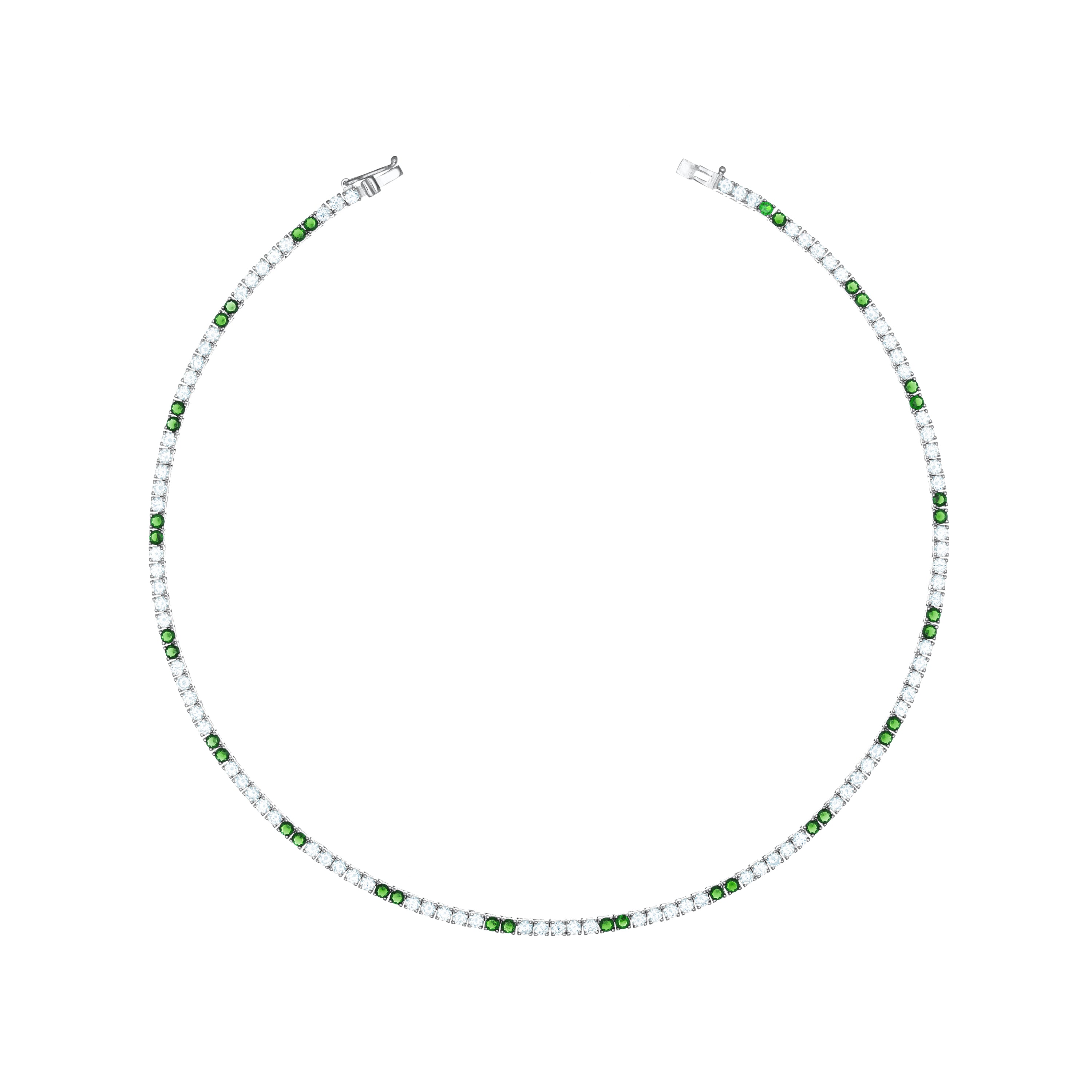 Tennis Necklace With Box Clasp - Silver Two  Dots Green And White - 2.5mm