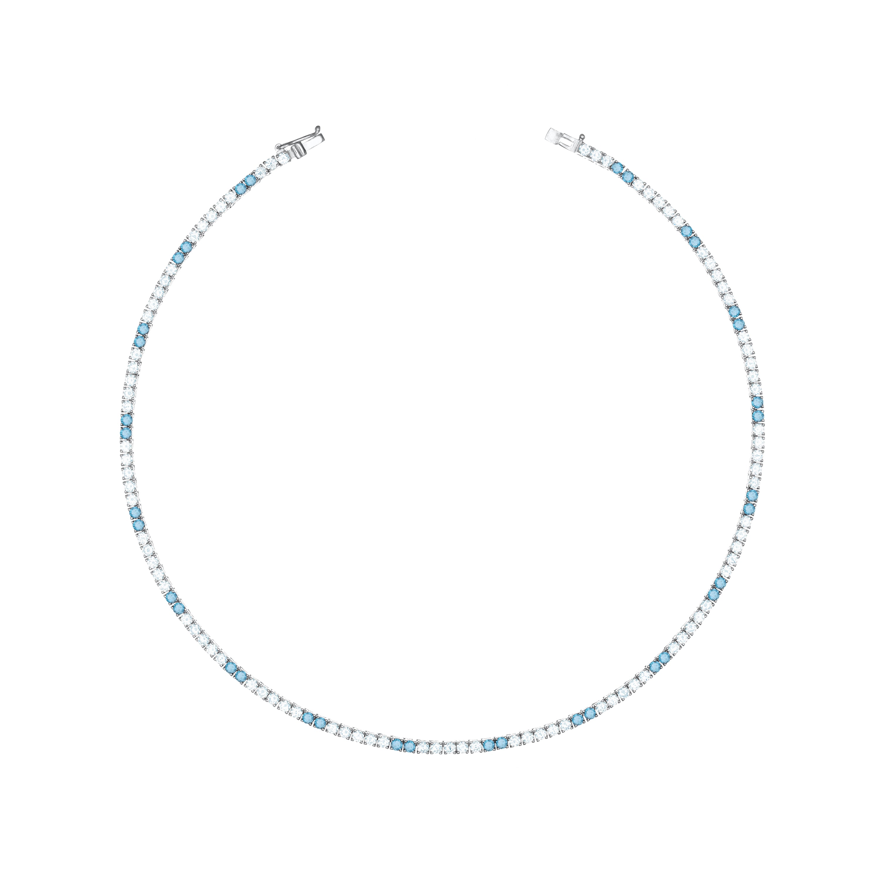 Tennis Necklace With Box Clasp - Silver Two Dots Aquamarine And White - 2.5mm