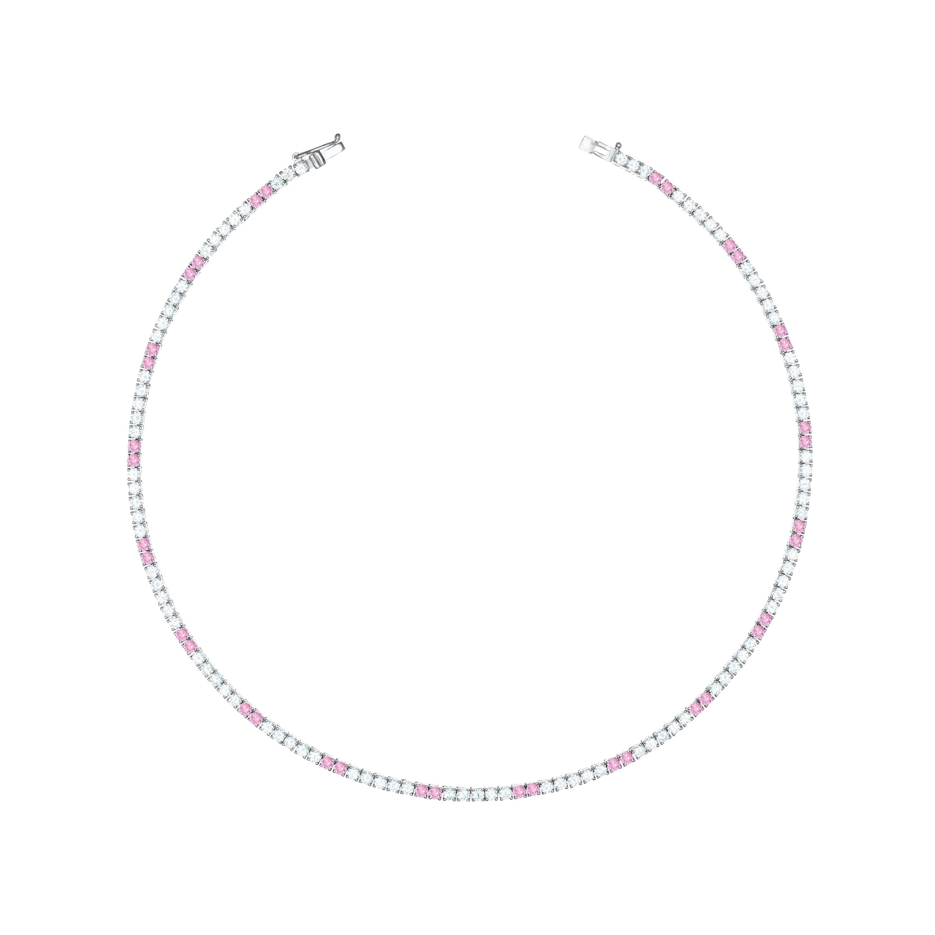 Tennis Necklace With Box Clasp - Silver Two Dots Light Pink And White - 2.5mm