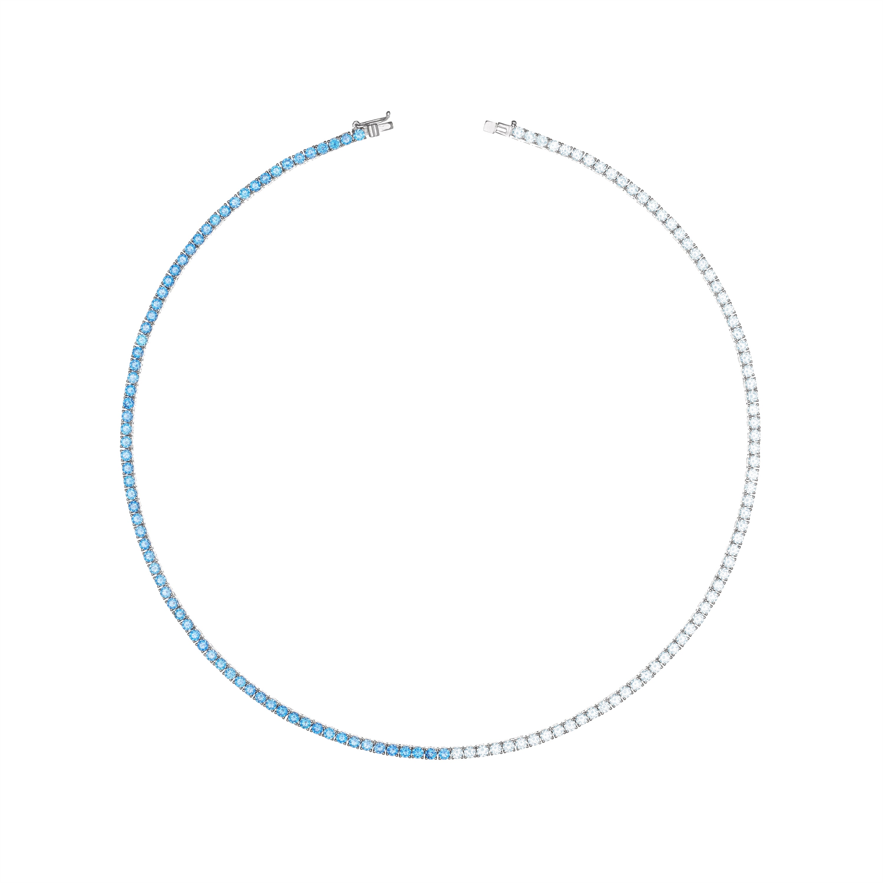 Tennis Necklace With Box Clasp - Silver Half Aquamarine Half White - 3mm