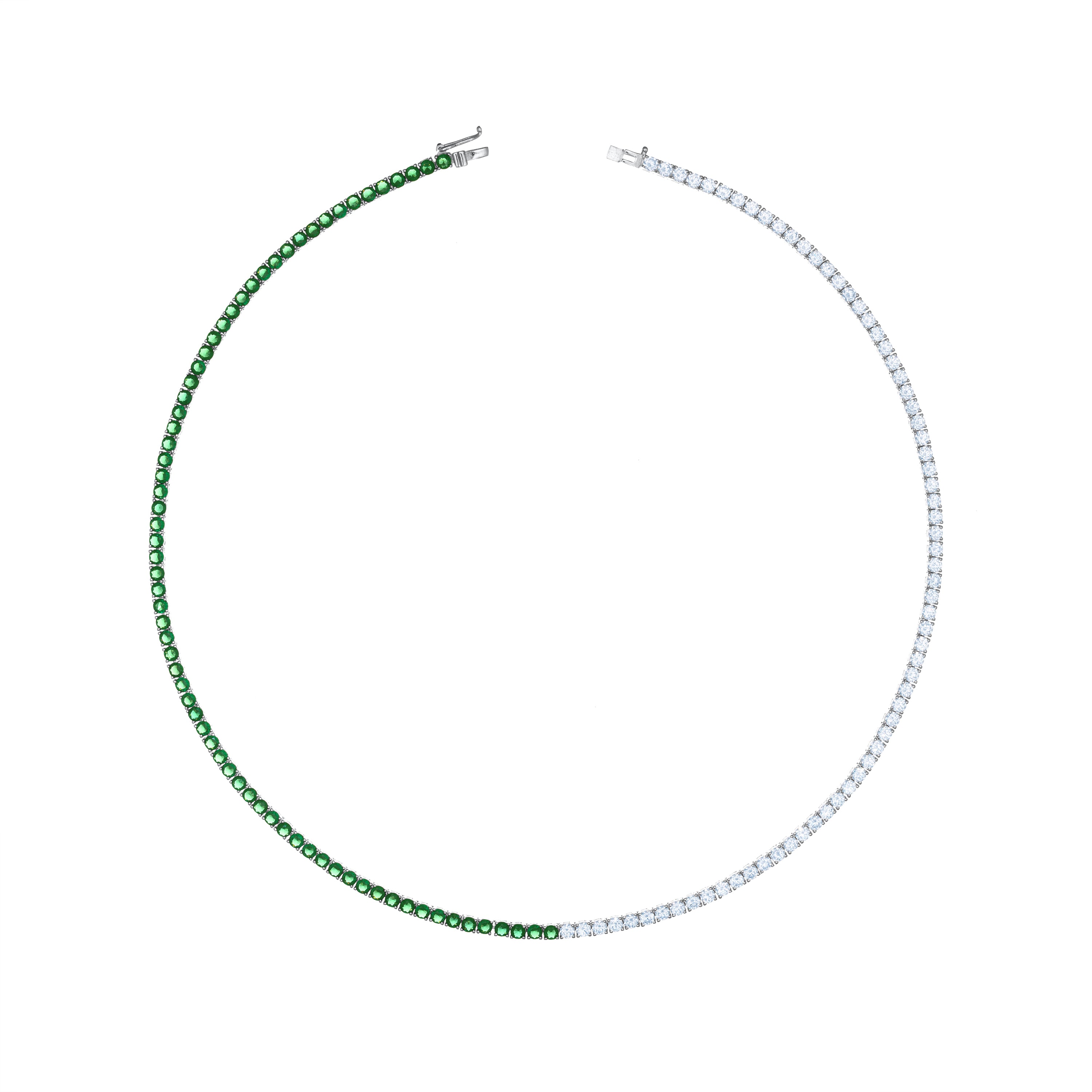 Tennis Necklace With Box Clasp - Silver Half Green And Half White - 3mm