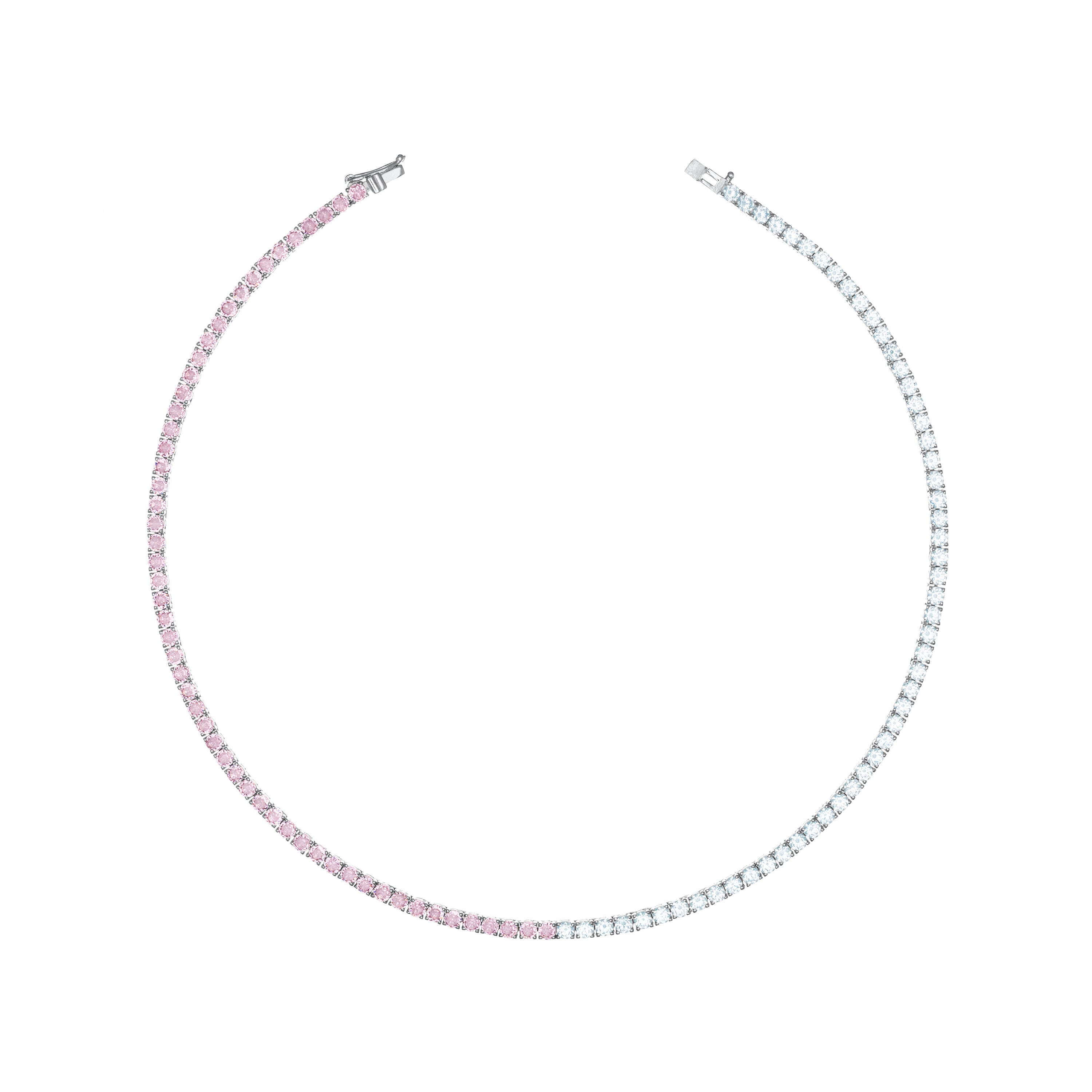 Tennis Necklace With Box Clasp - Silver Half Light Pink Half White - 3mm