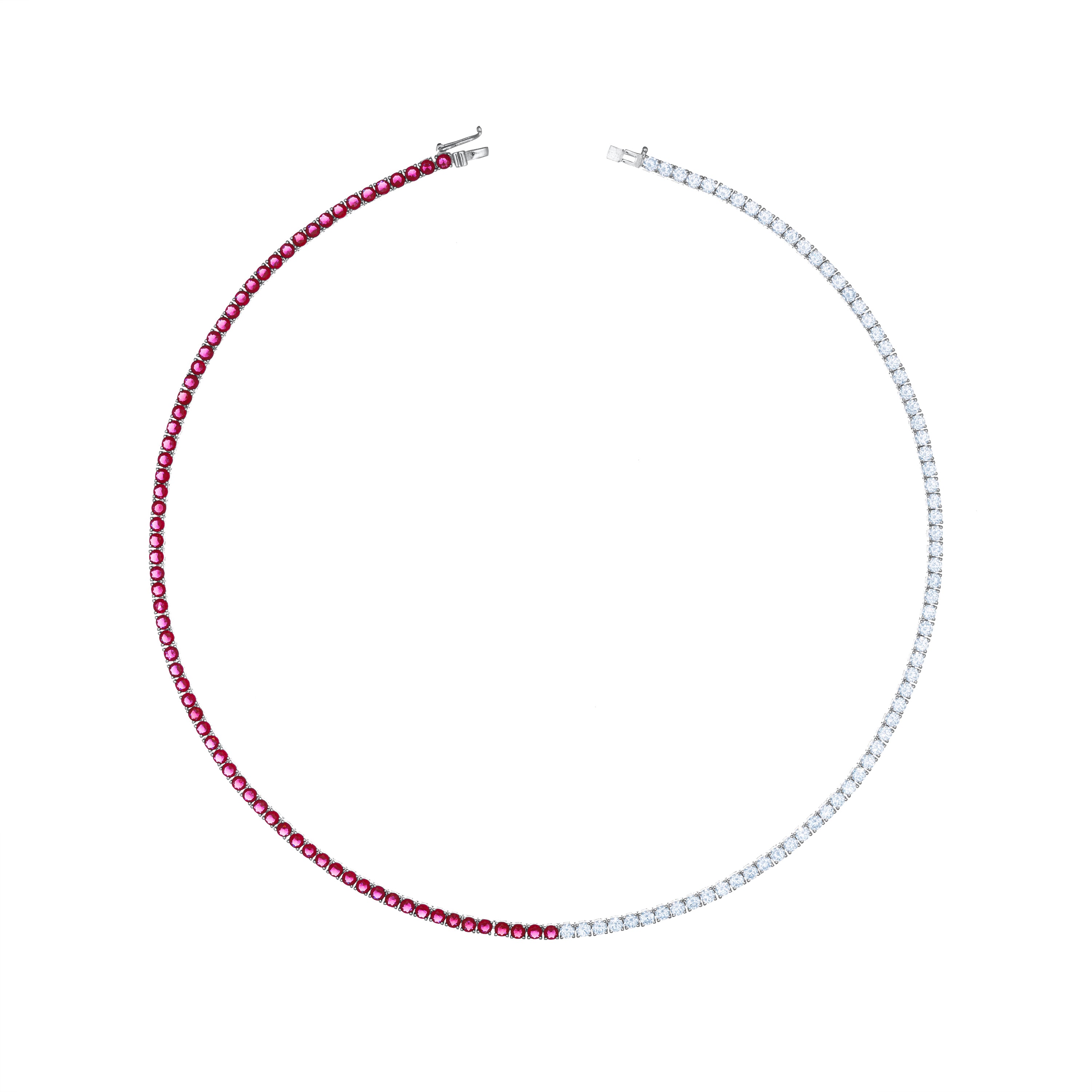 Tennis Necklace With Box Clasp - Silver Half Ruby And Half White - 3mm