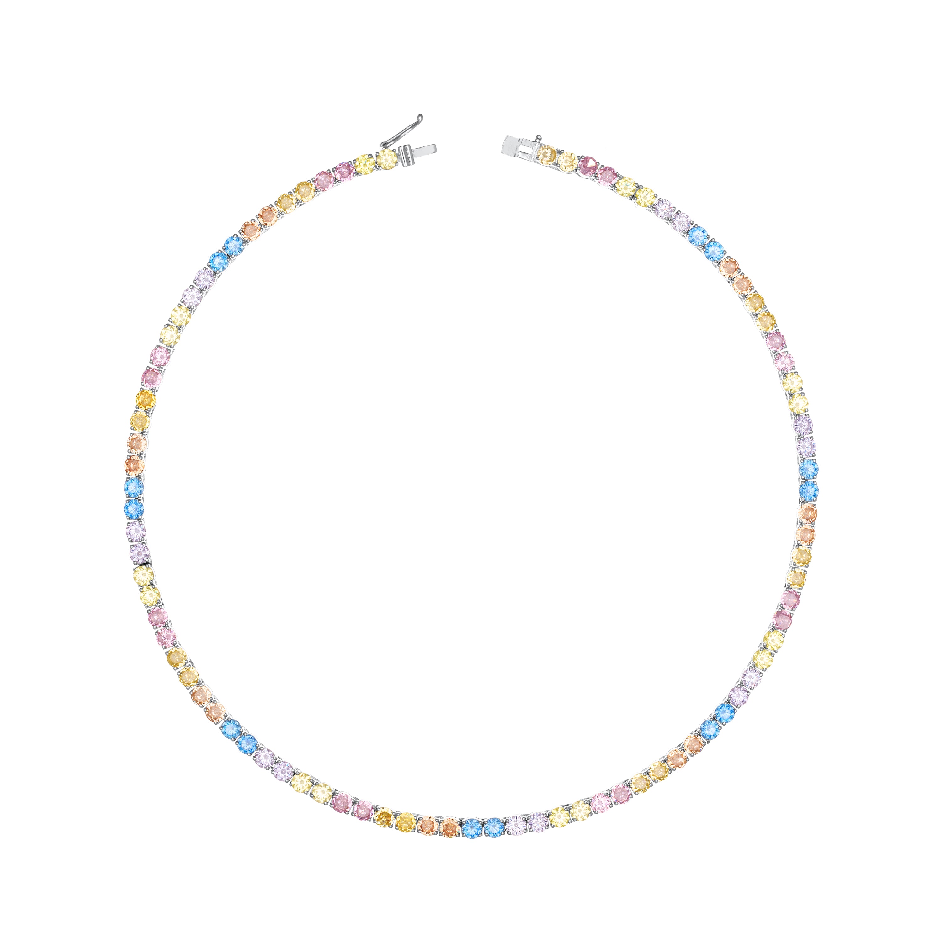 Tennis Necklace With Box Clasp - Silver Pastel Rainbow - 4mm
