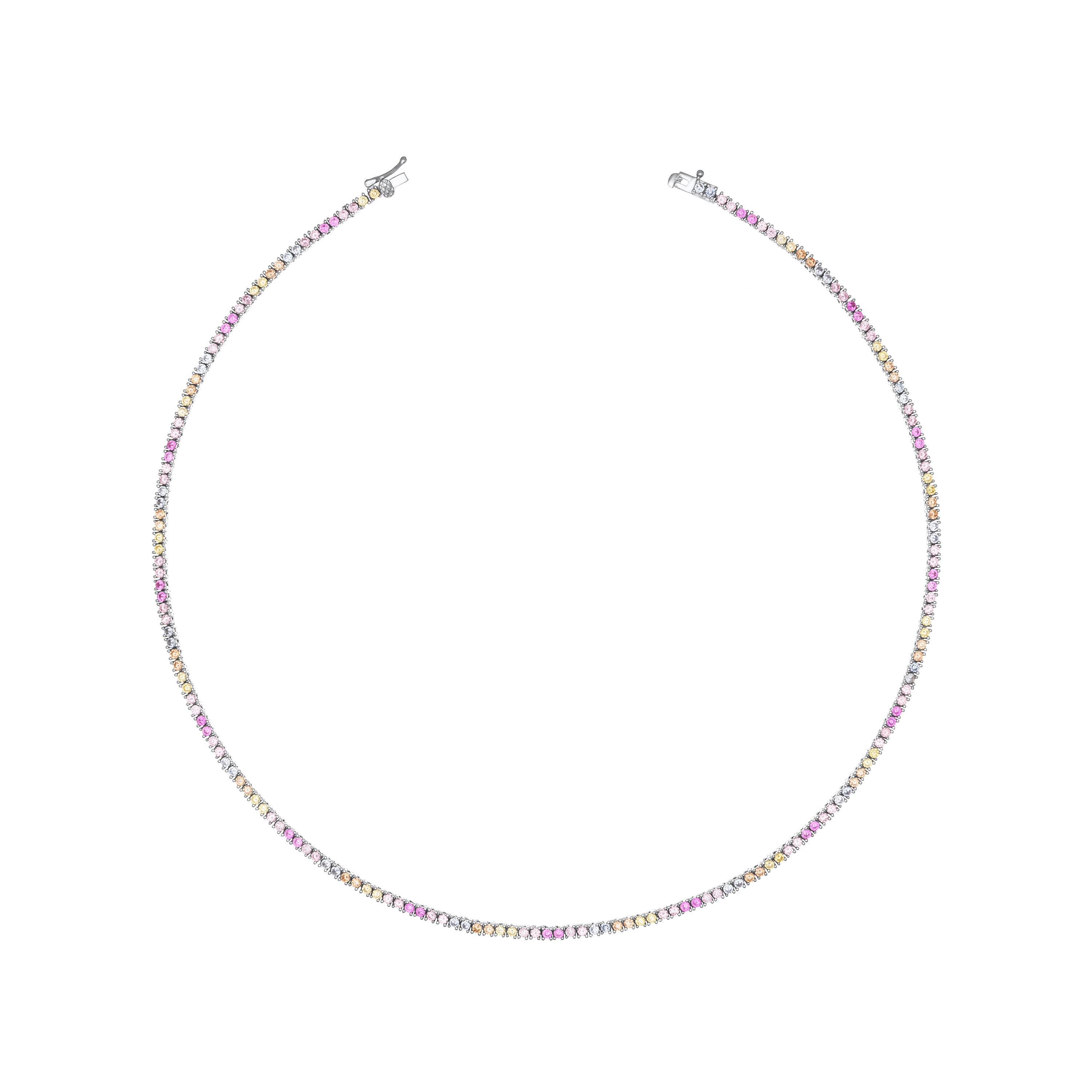 Tennis Necklace With Box Clasp - Silver Pastel Rainbow - 3mm