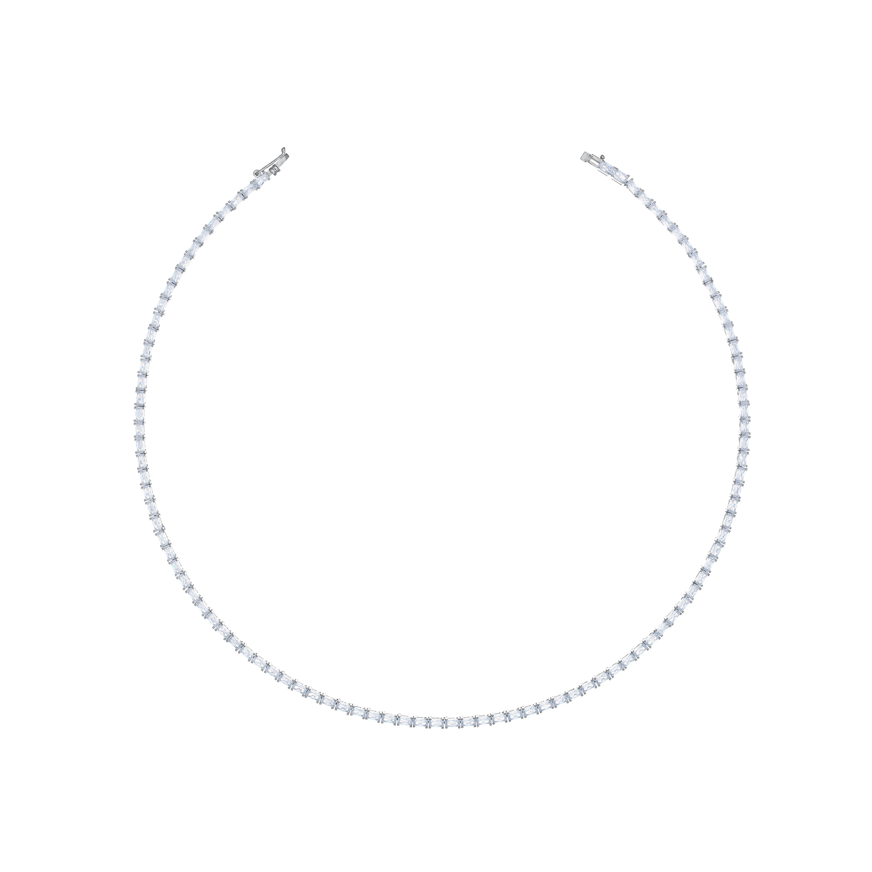 Thin Baguette Tennis Necklace With Box Clasp - Silver White - 45cm