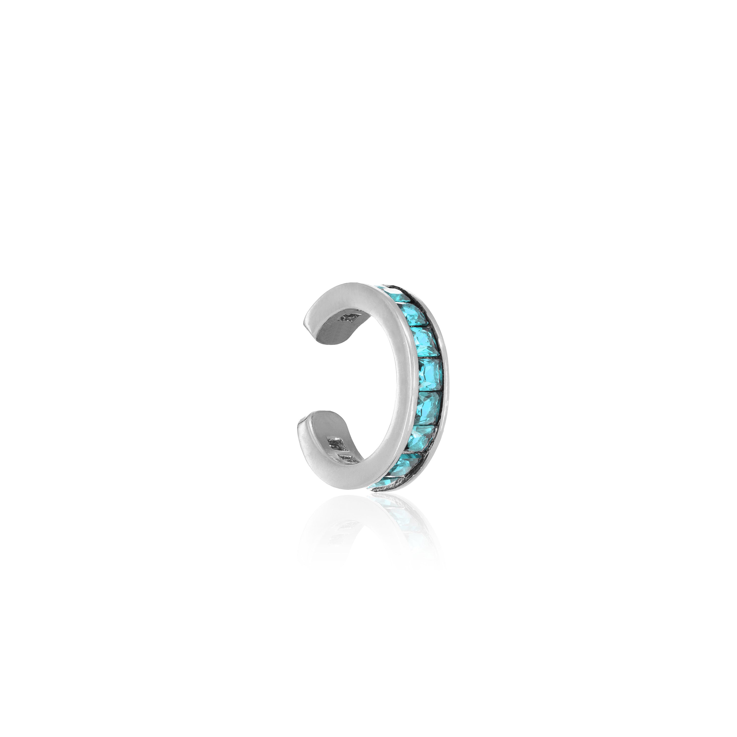 Thin Princess Cut Ear Cuff - Silver Aquamarine