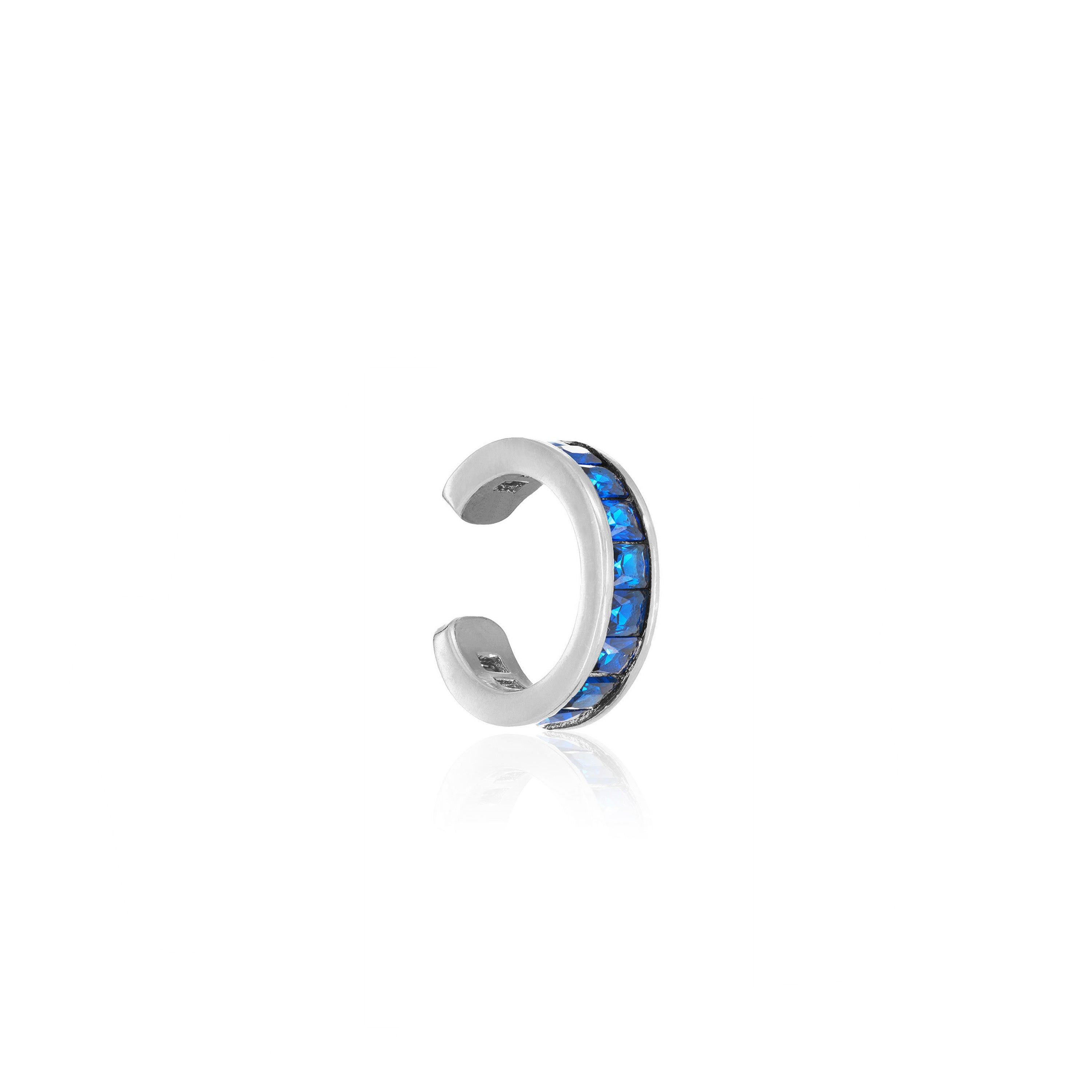 Thin Princess Cut Ear Cuff - Silver Navy Blue