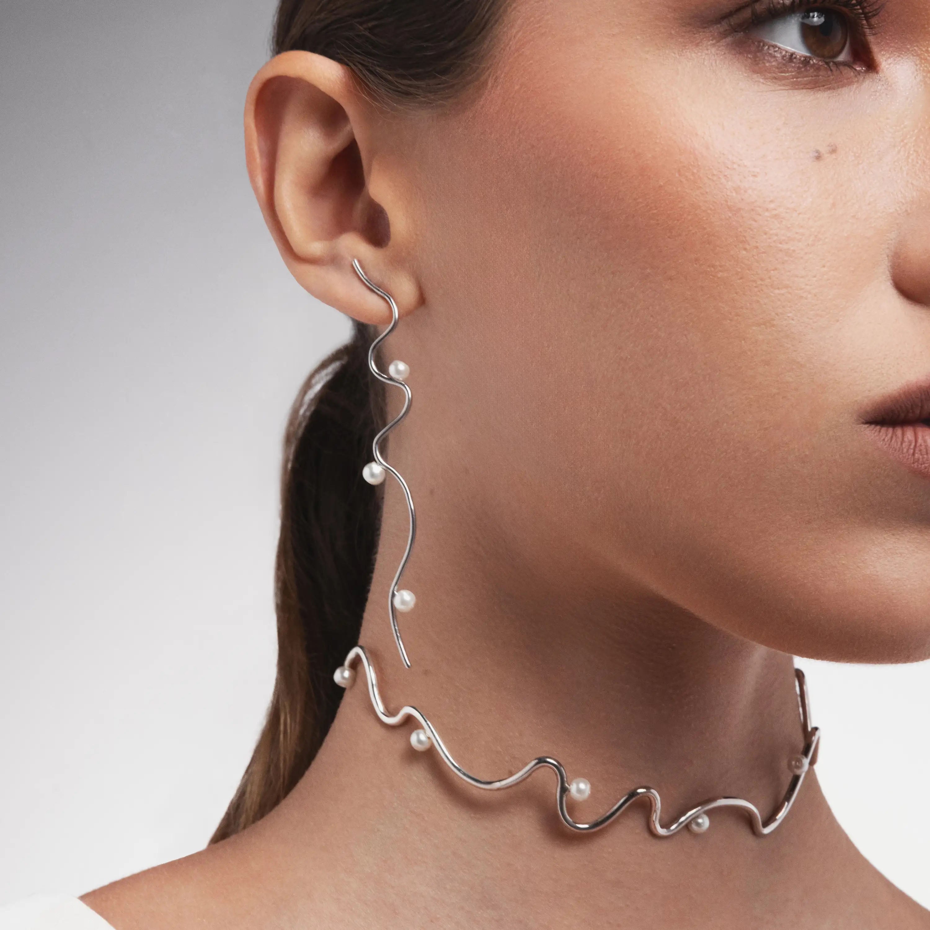 Pearl Wavy Wire Dangle Earrings - Silver White