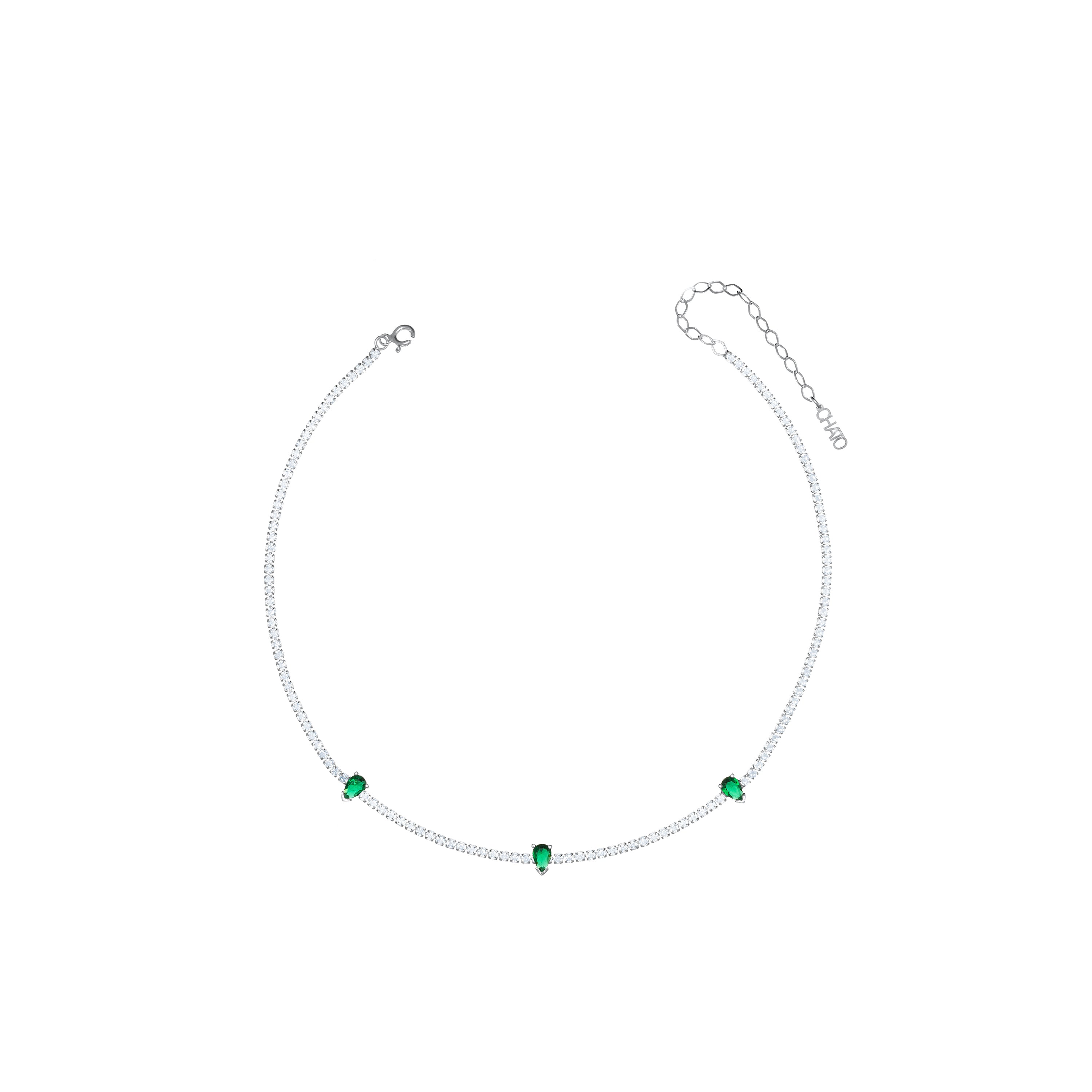 Three Teardrops Tennis Choker - Silver Green  And White