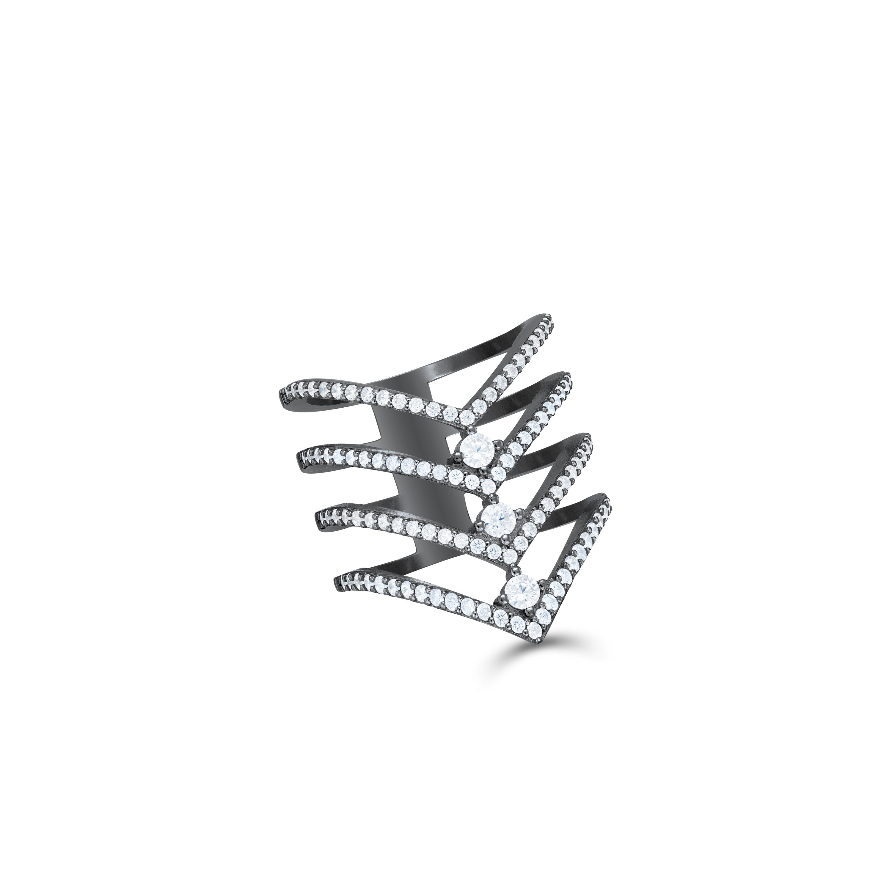 Three Dots Cz Multi Layer V-Shaped Ring - Black Rhodium White
