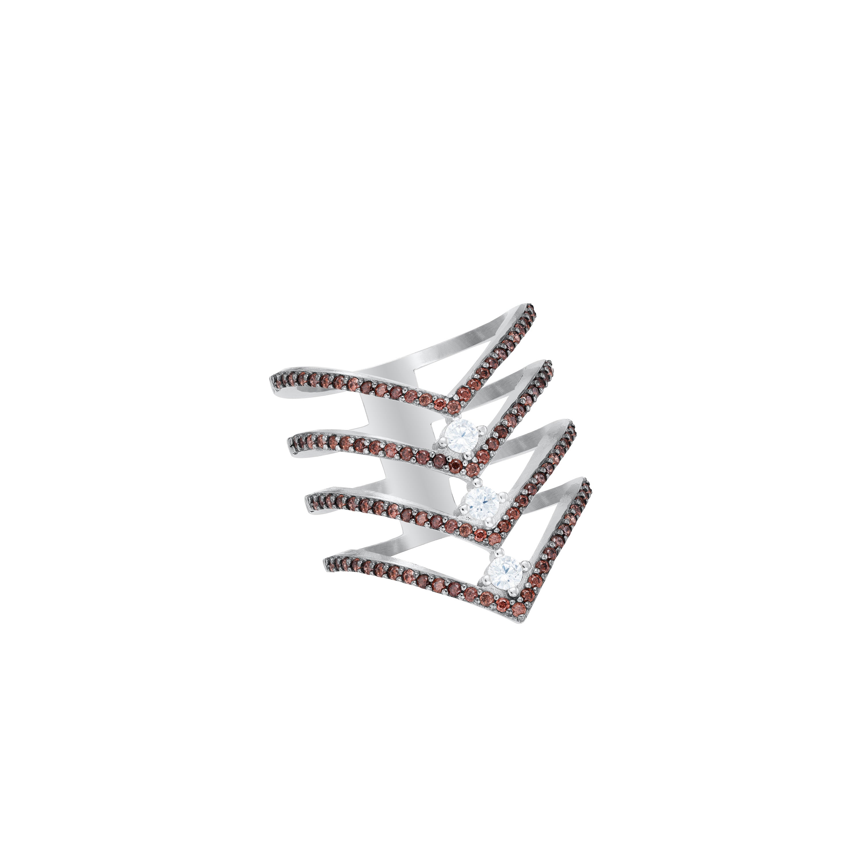 Three Dots Cz Multi Layer V-Shaped Ring - Silver Dot White / Line Brown