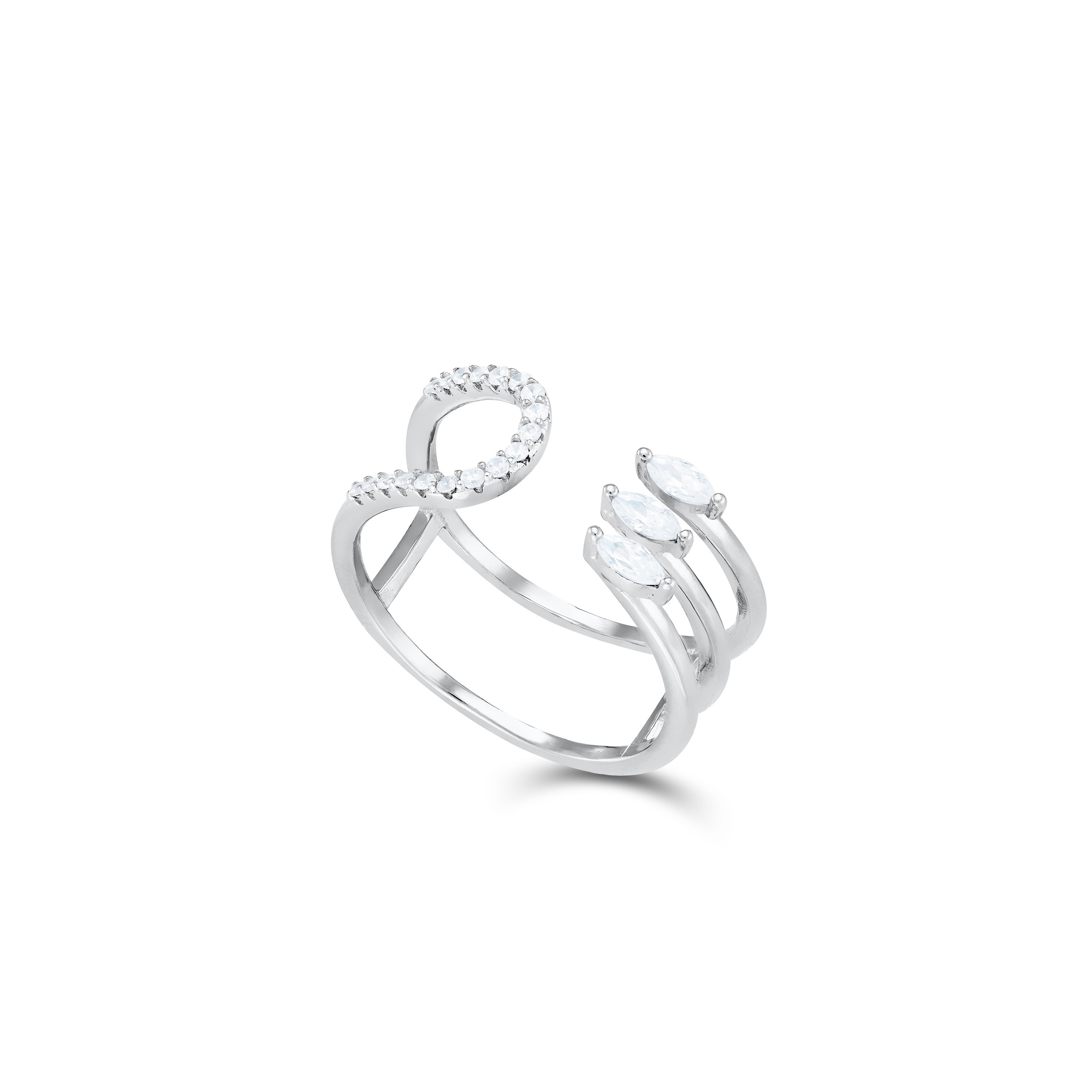 Three Marquise And Half Cz Double Line Open Ring - Silver White
