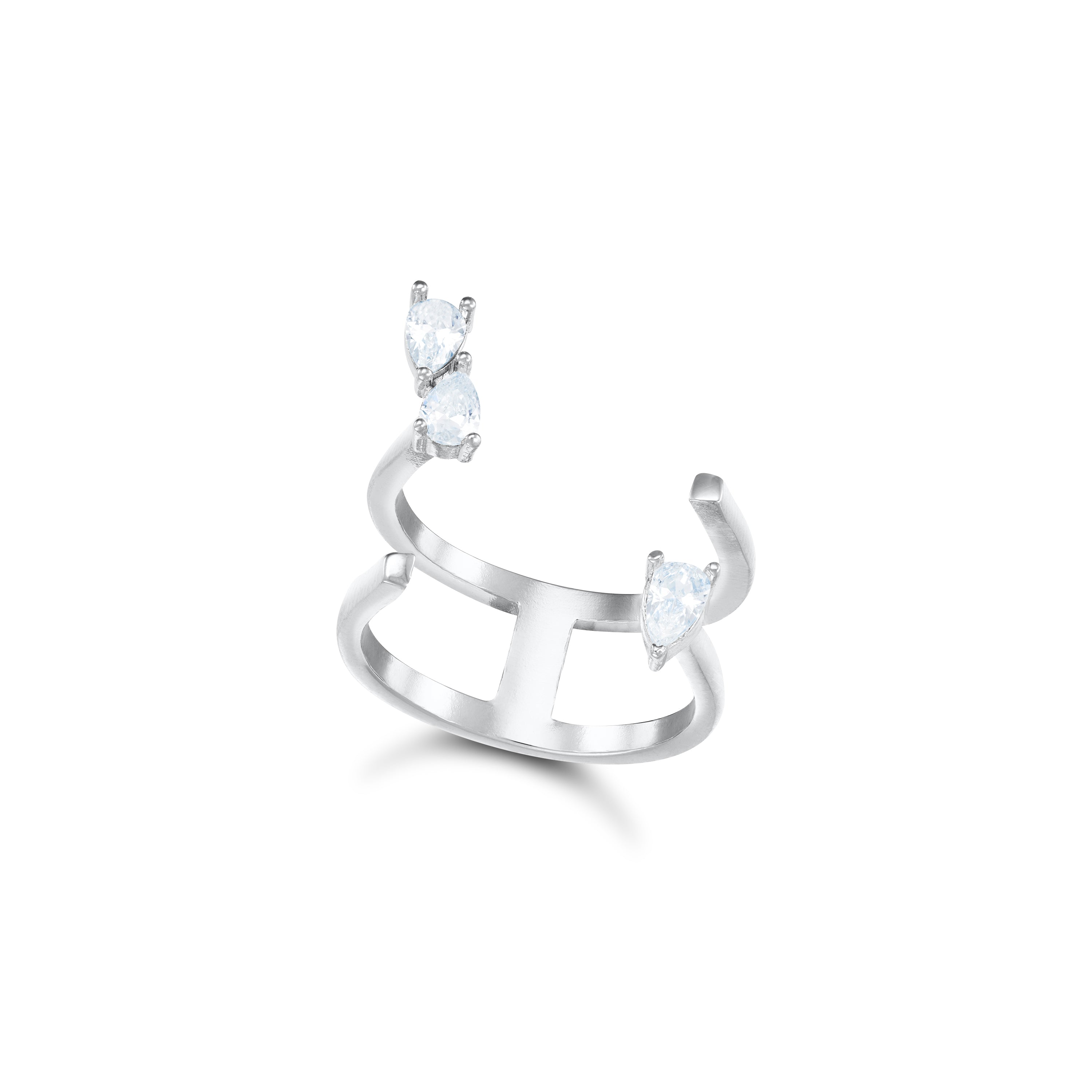 Three Teardrop Dual Band Open Ring - Silver White