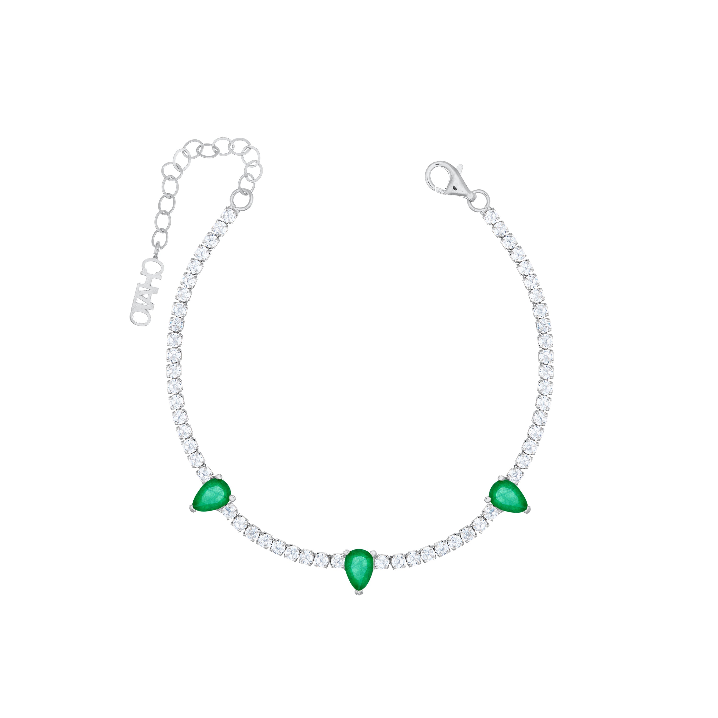 Three Teardrops Tennis Bracelet - Silver Green And White