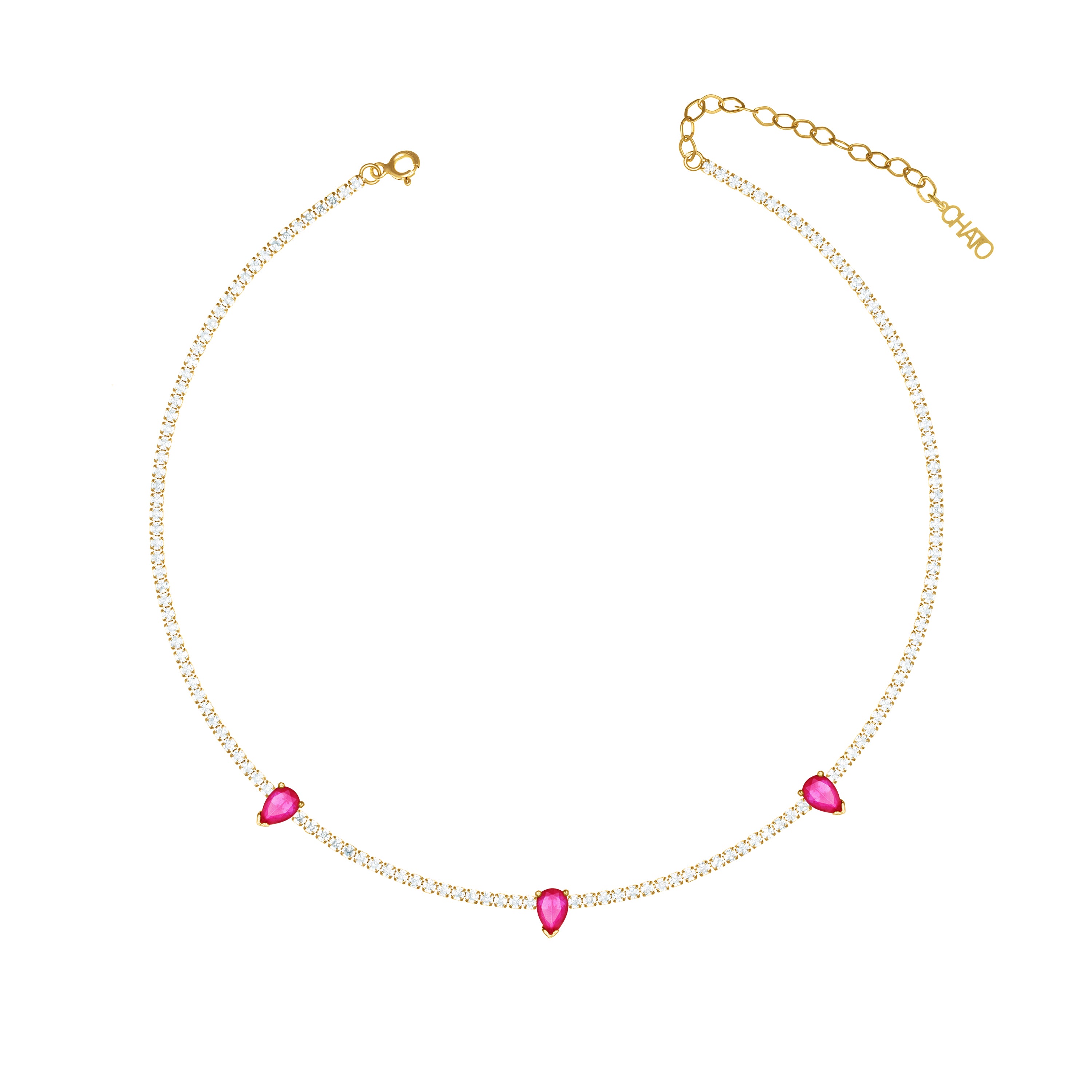 Three Teardrops Tennis Choker - Gold Ruby Matt And White