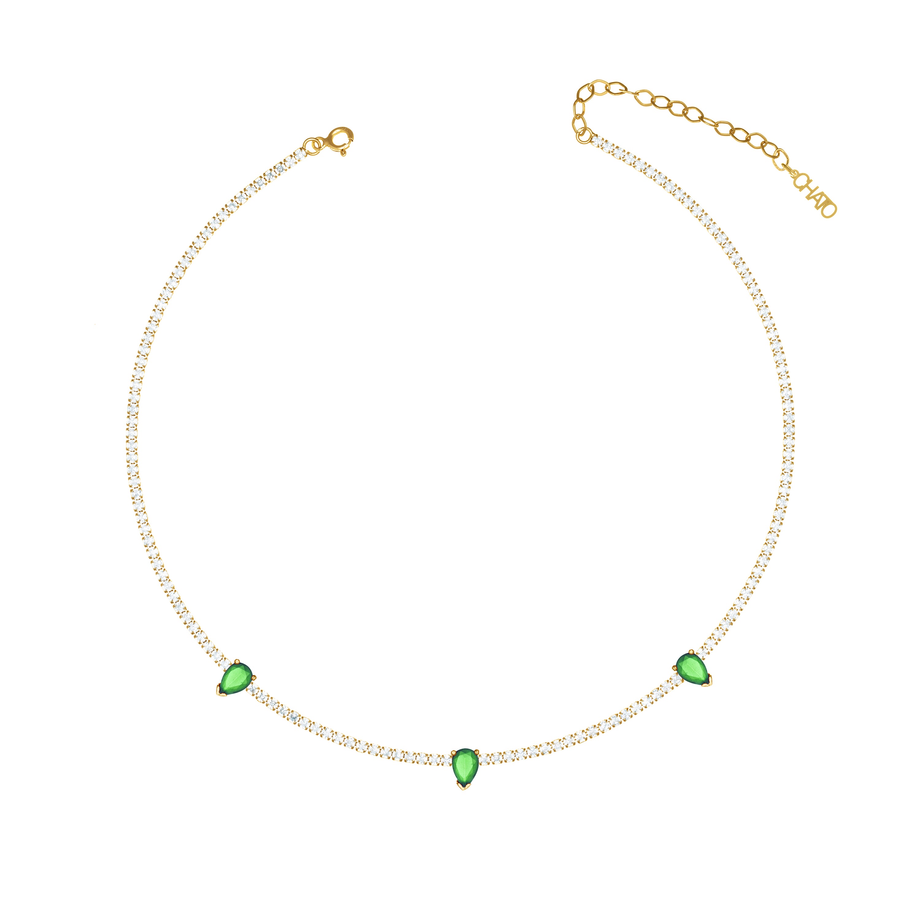 Three Teardrops Tennis Choker - Gold Green Matt And White