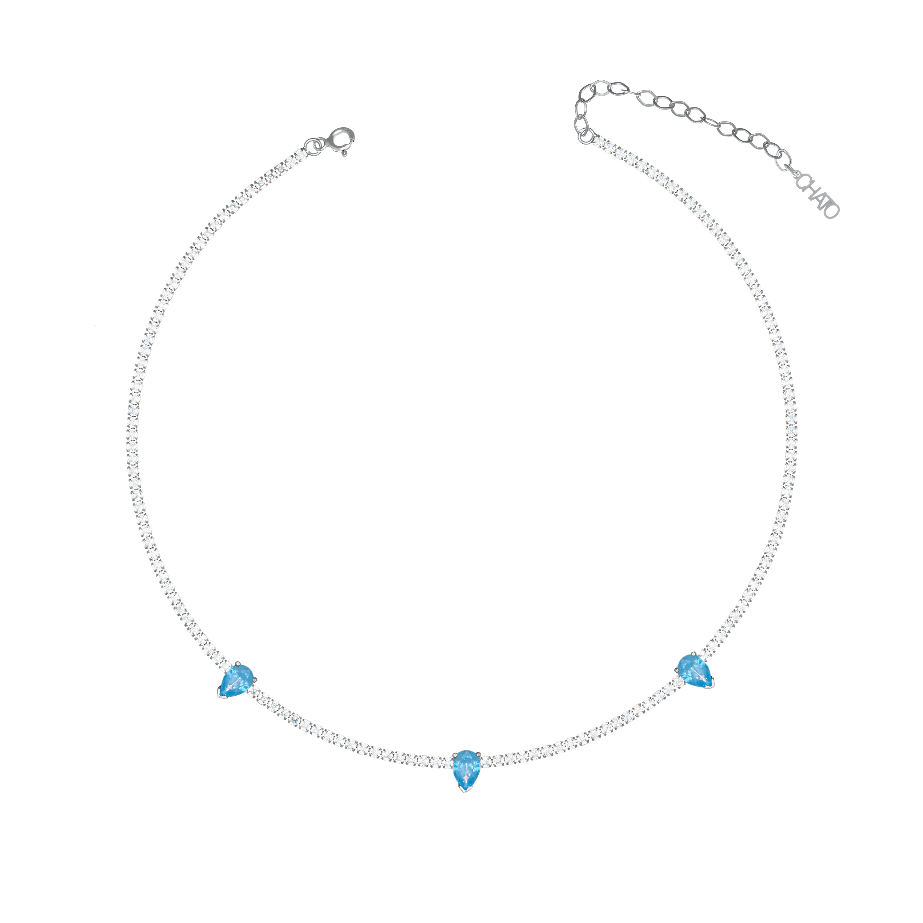 Three Teardrops Tennis Choker - Silver Aquamarine And White