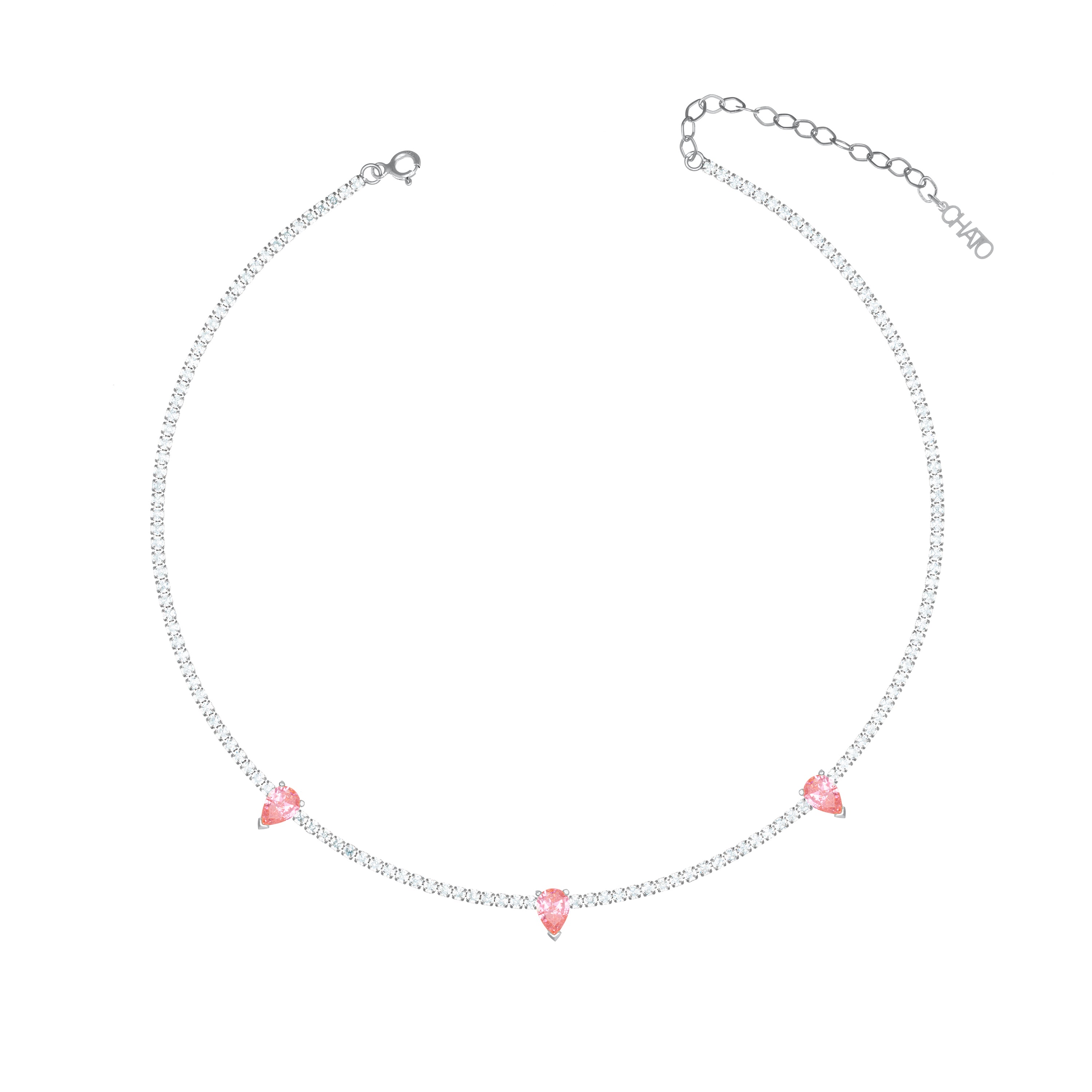 Three Teardrops Tennis Choker - Silver Light Pink And White