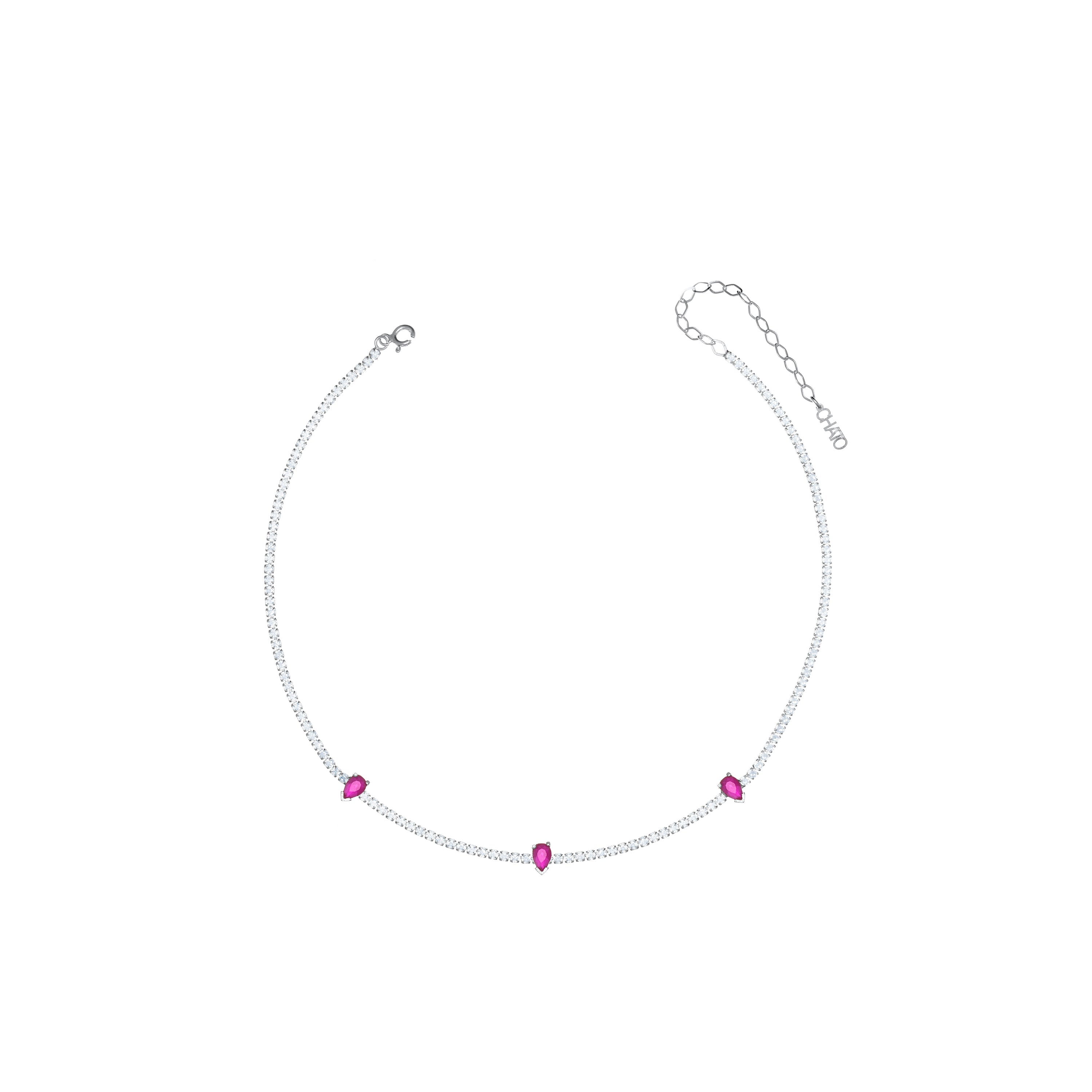Three Teardrops Tennis Choker - Silver Ruby Matt And White