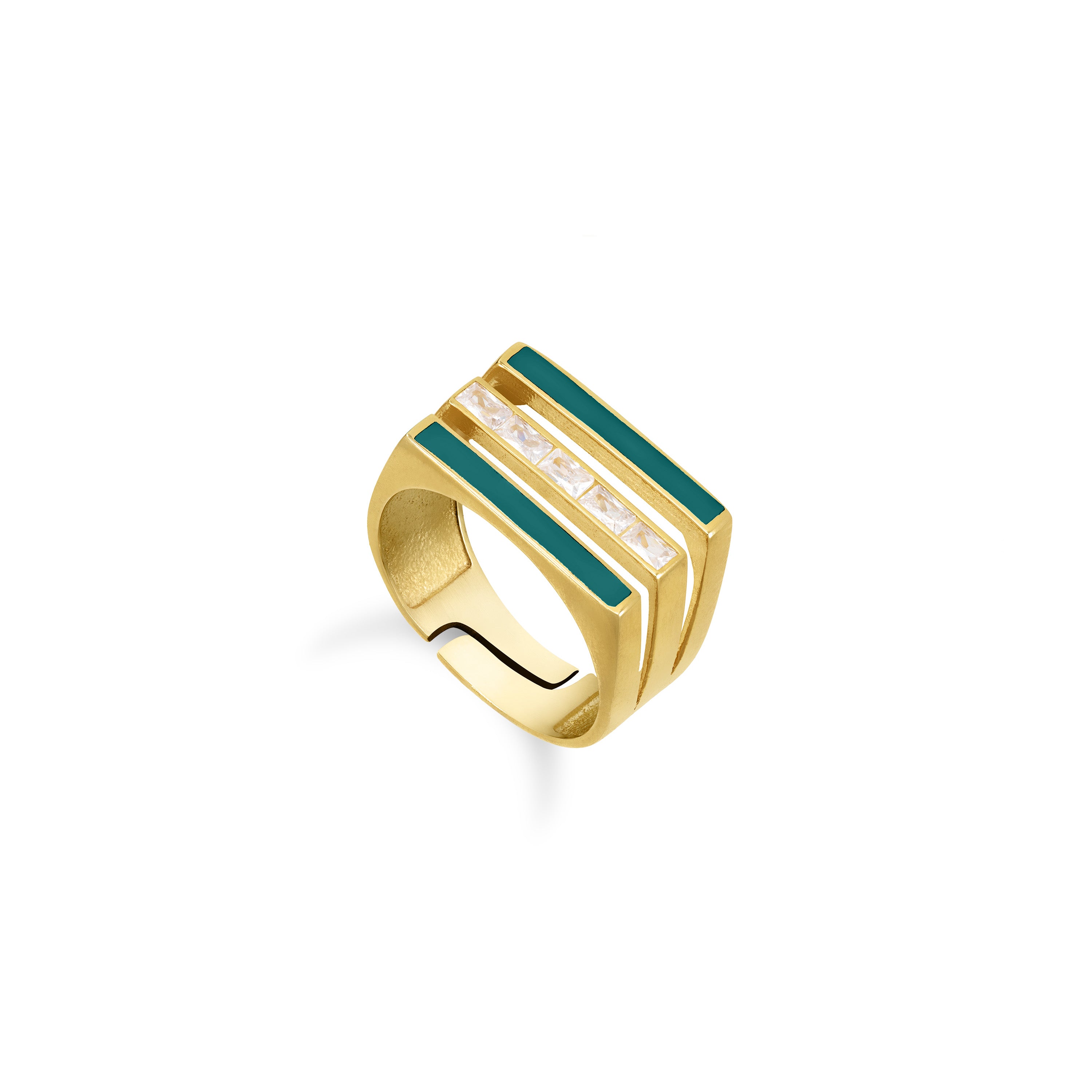 Triple Enamel Line Cube Ring - Gold Dark Green