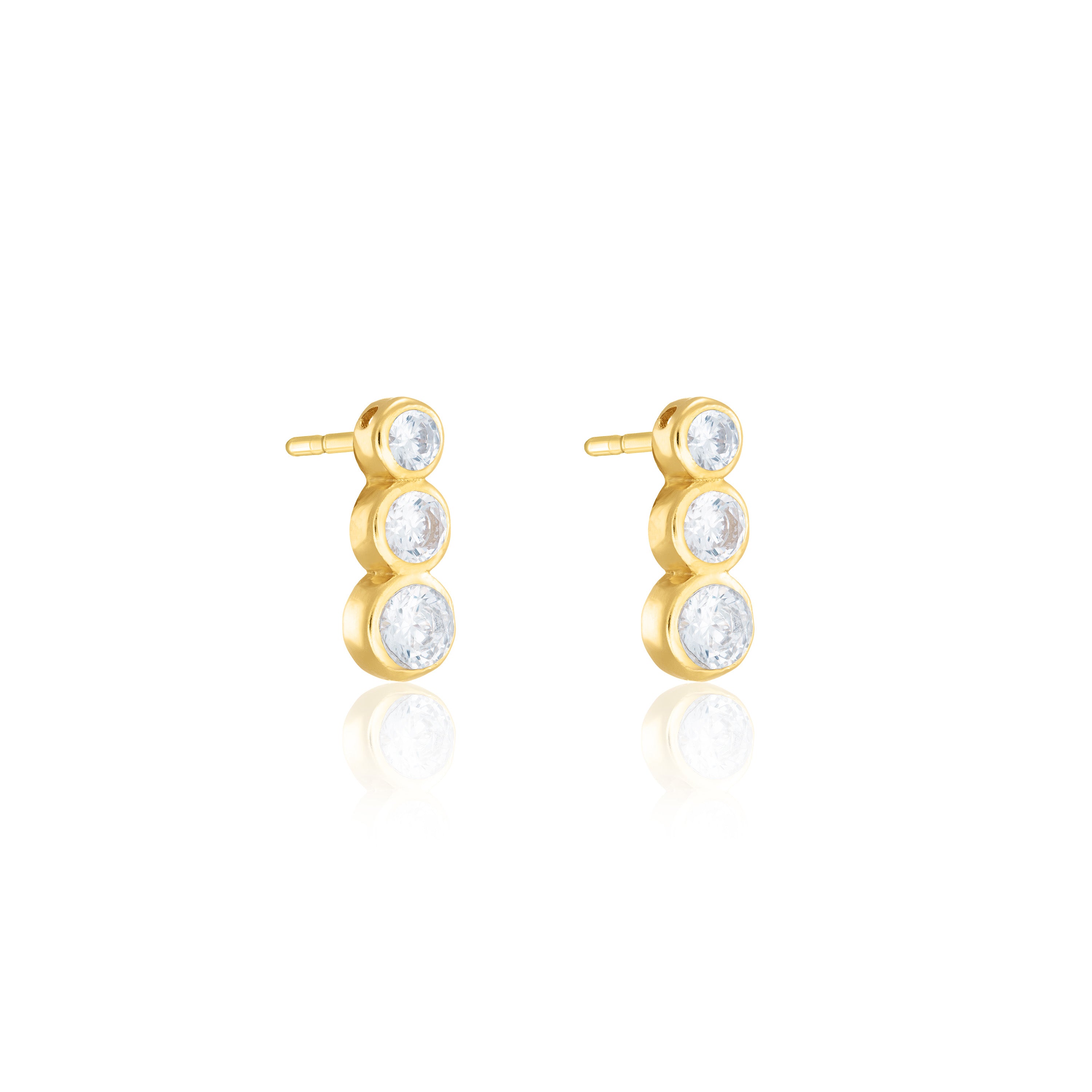 Triple Graduated Cubic Zirconia Bezel Stud Earrings - Gold White