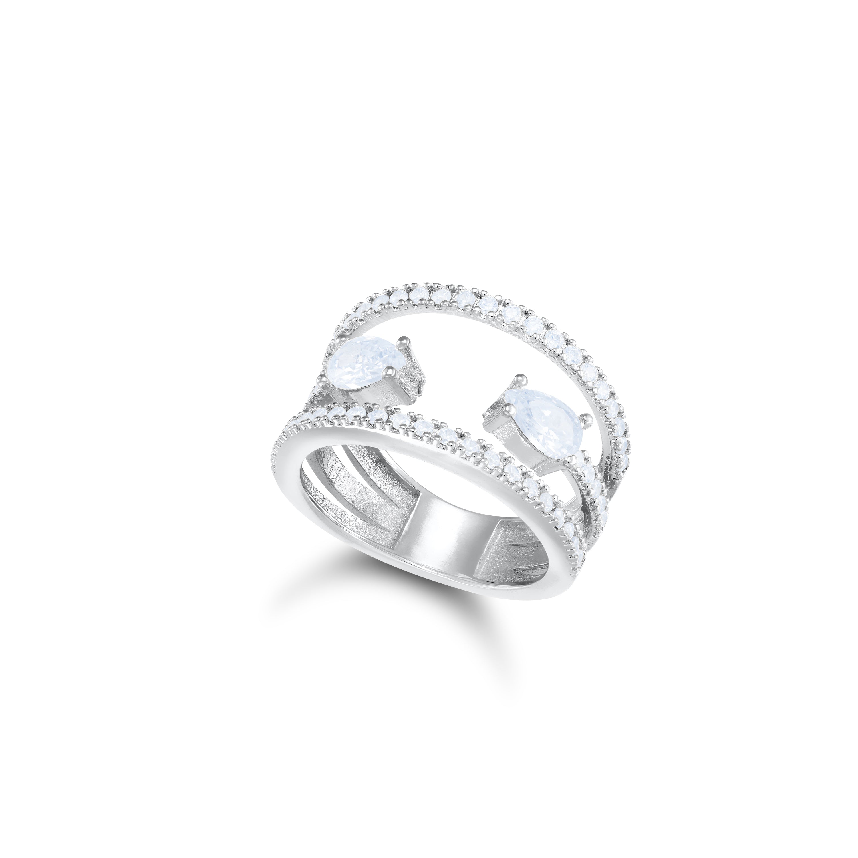 Two Line With Two Open Teardrop RIng - Silver White