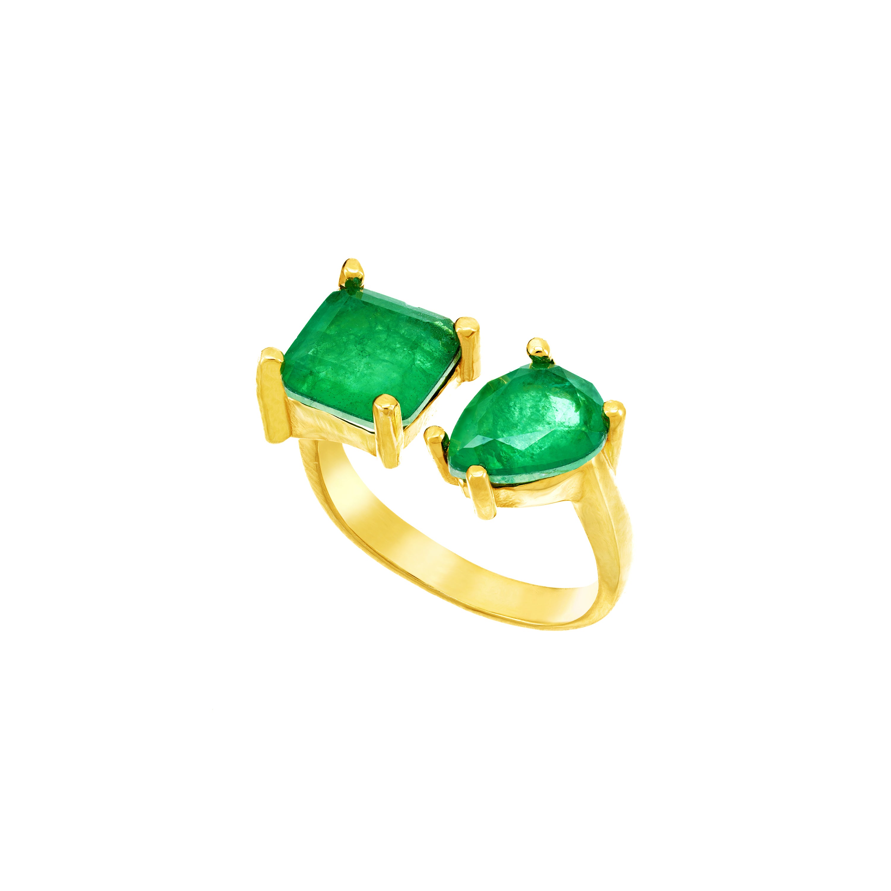 Two Stone Open Ring - Gold Green - Teardrop And Square