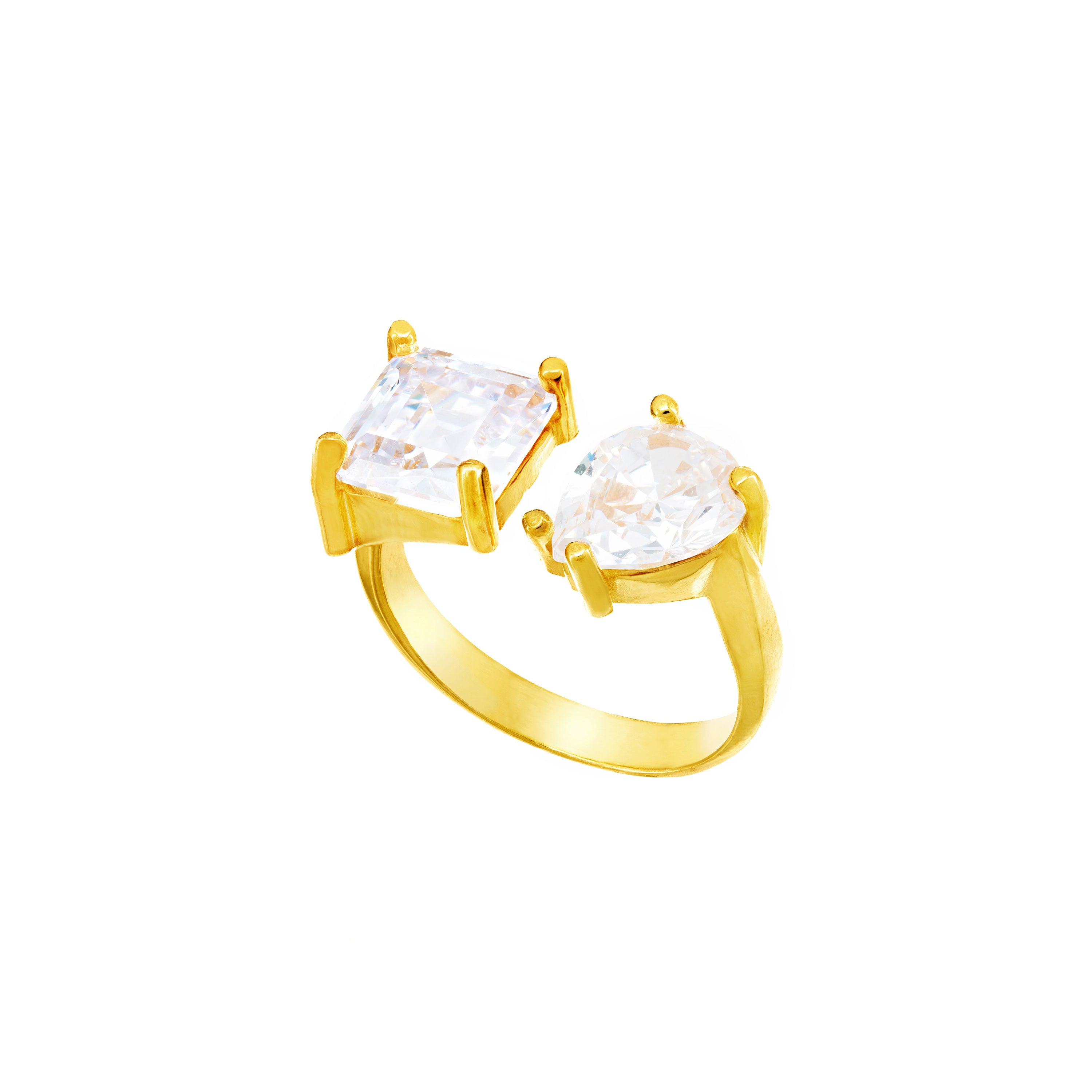 Two Stone Open Ring - Gold White - Teardrop And Square