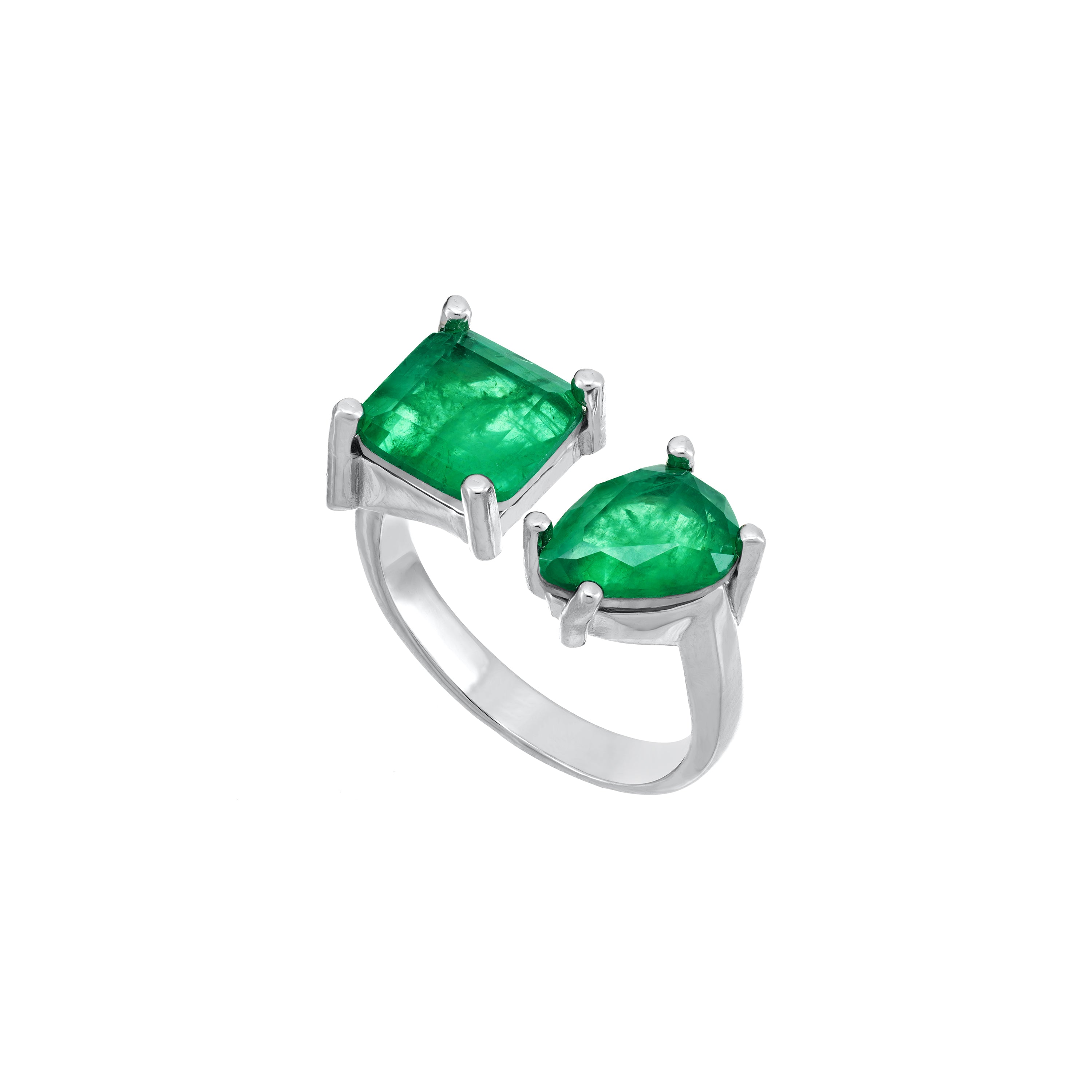 Two Stone Open Ring - Silver Green - Teardrop And Square