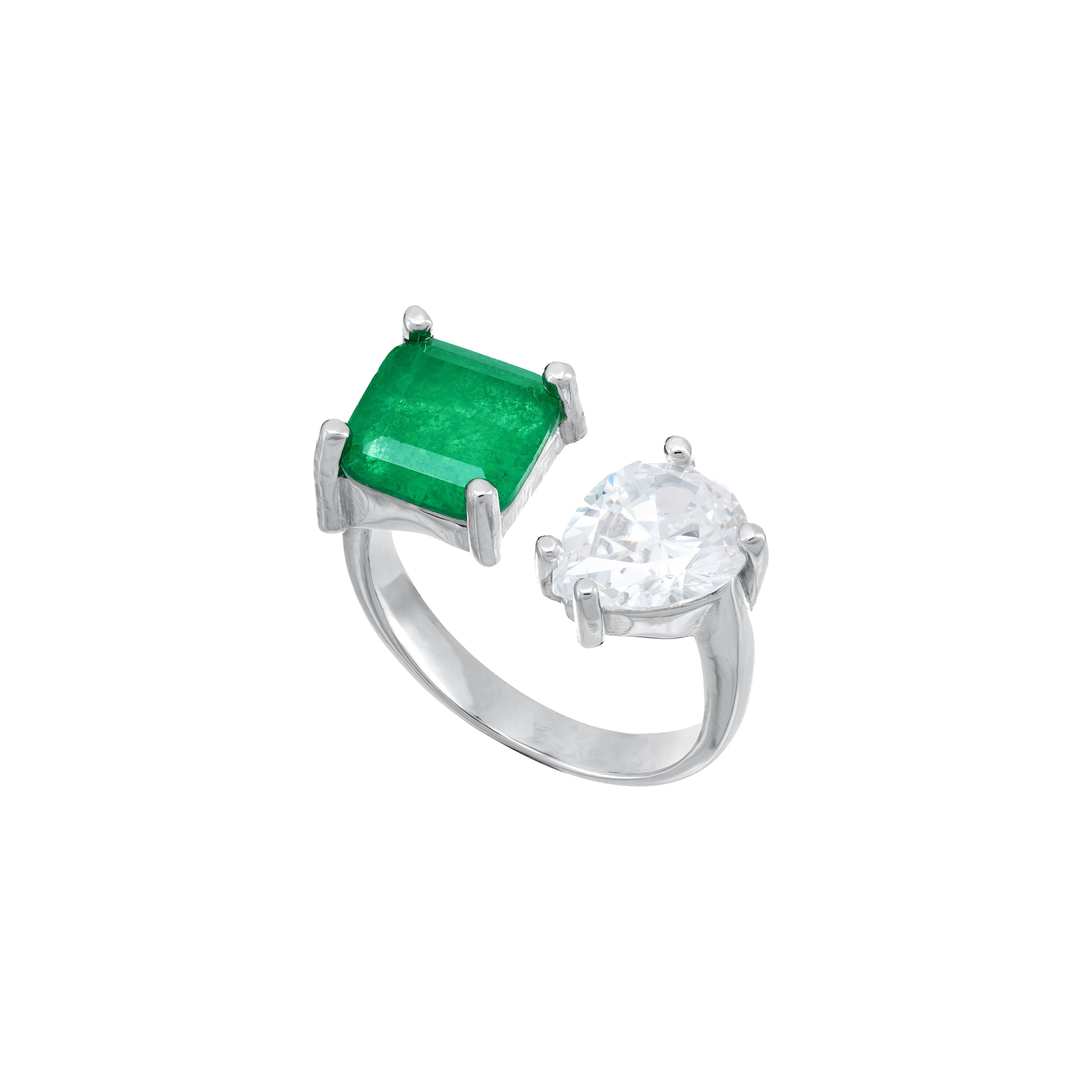 Two Stone Open Ring - Green And White - Teardrop And Square