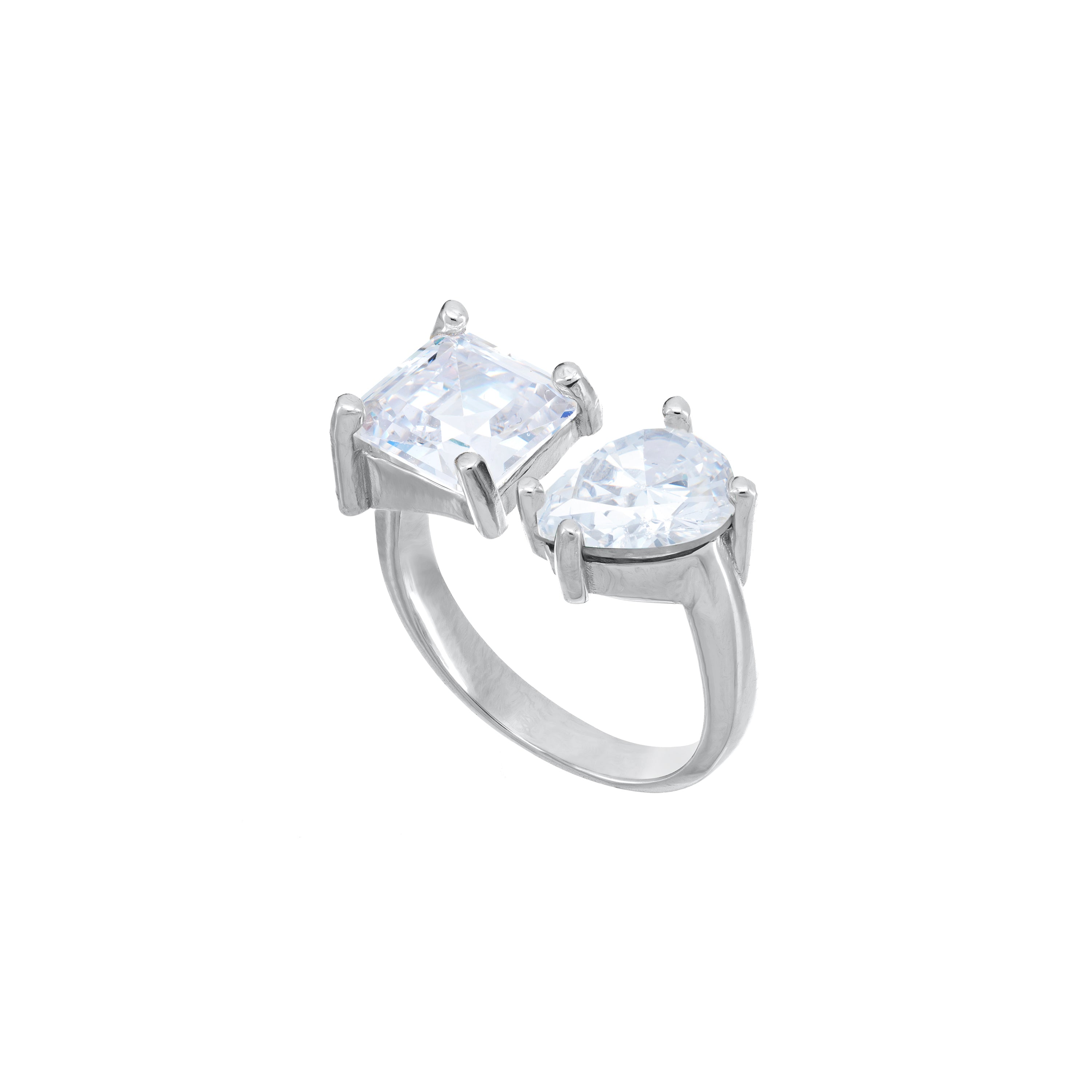 Two Stone Open Ring - Silver White - Teardrop And Square