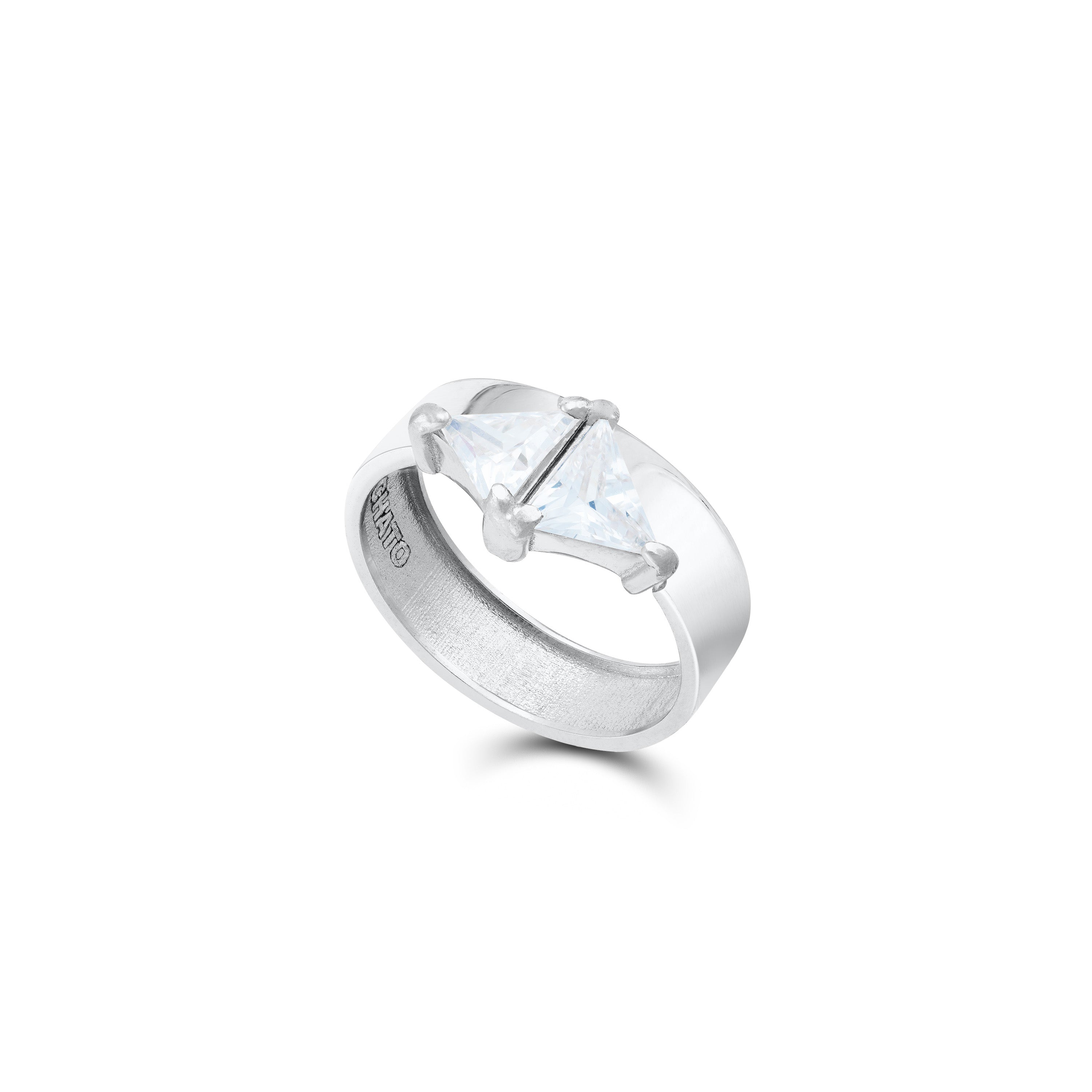 Two Opposite Triangle Band Ring - Silver White