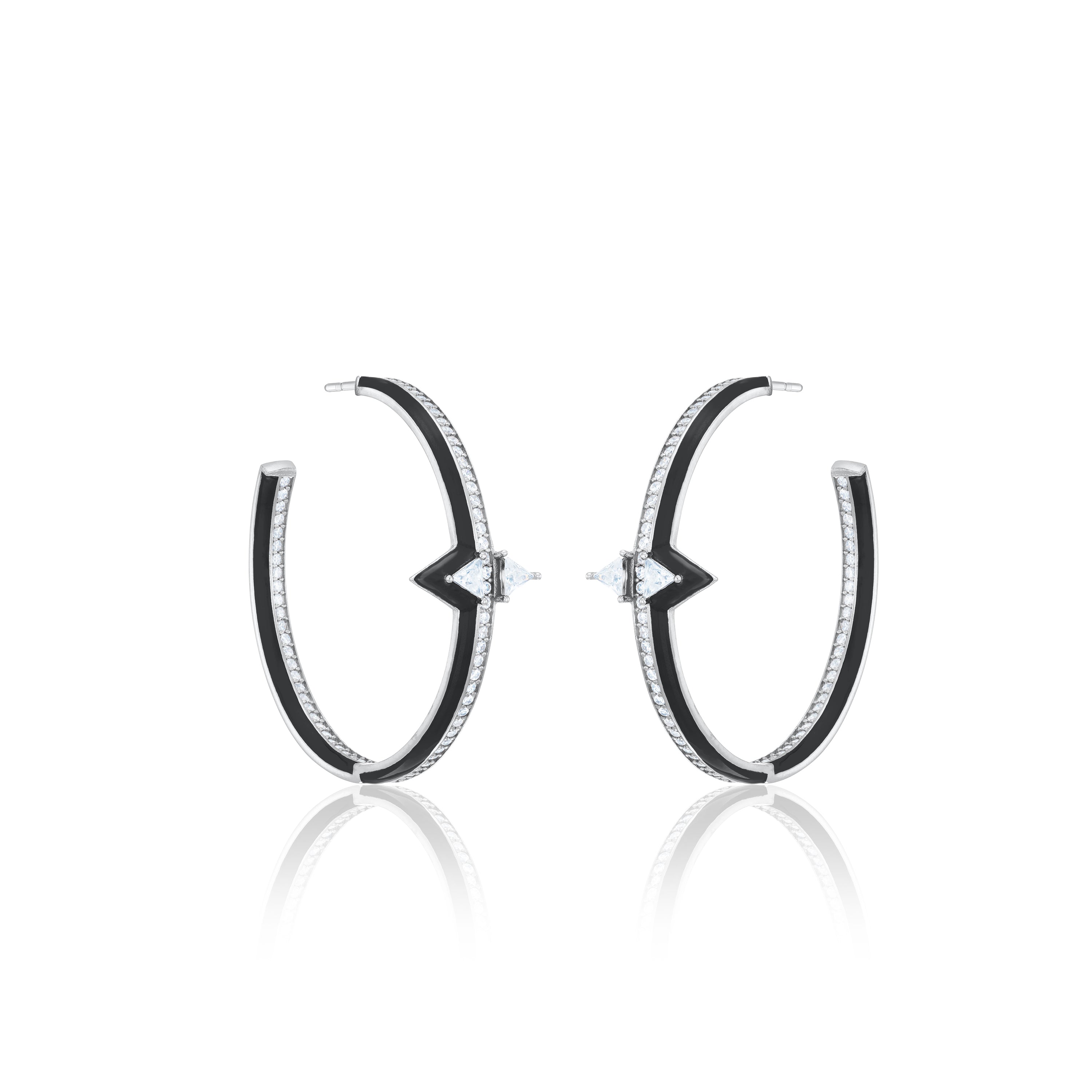 Two Opposite Triangle Half CZ Half Enamel Inside Out Semi Hoop Earrings