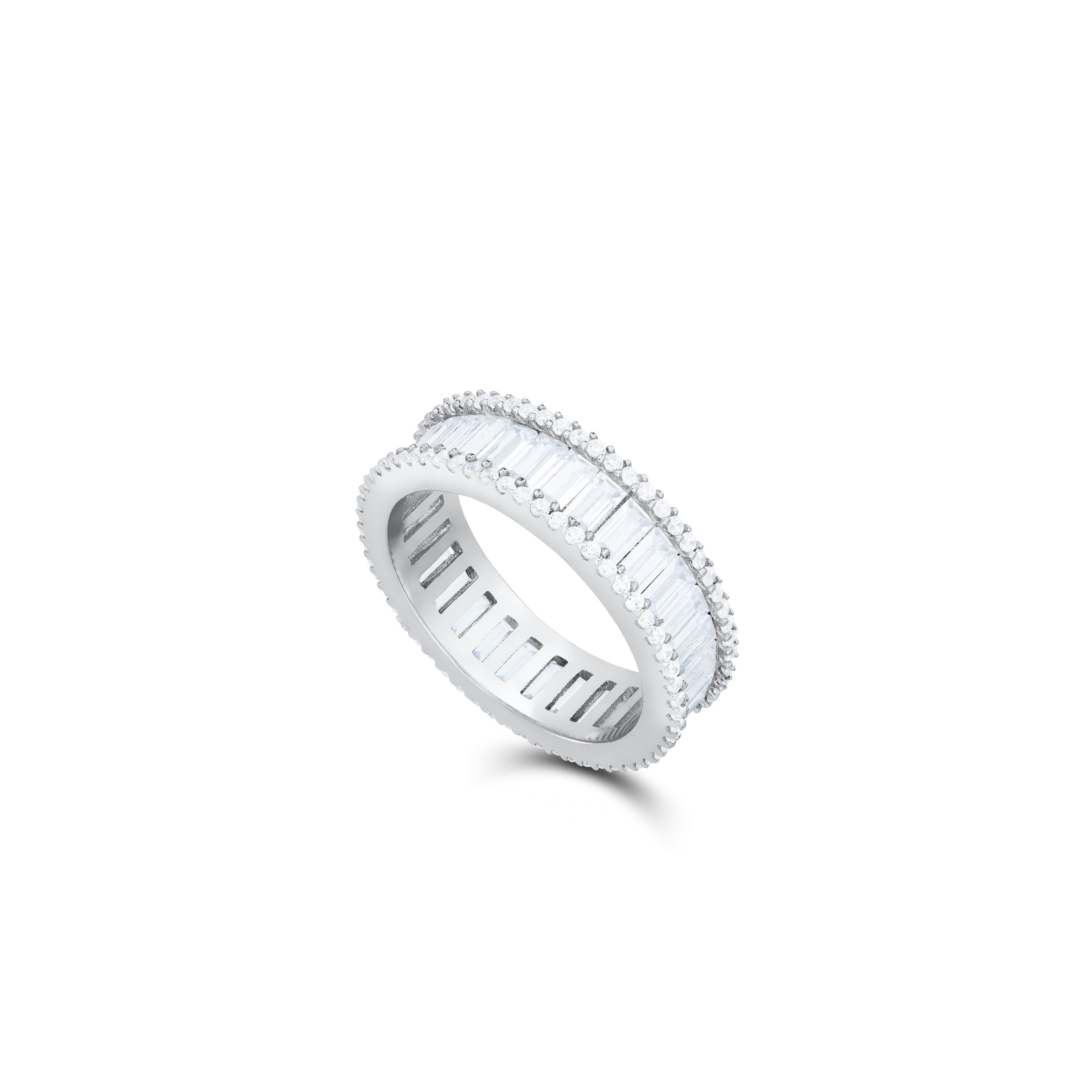 Two Parallel CZ Line With Baguette Eternity Ring - Silver White