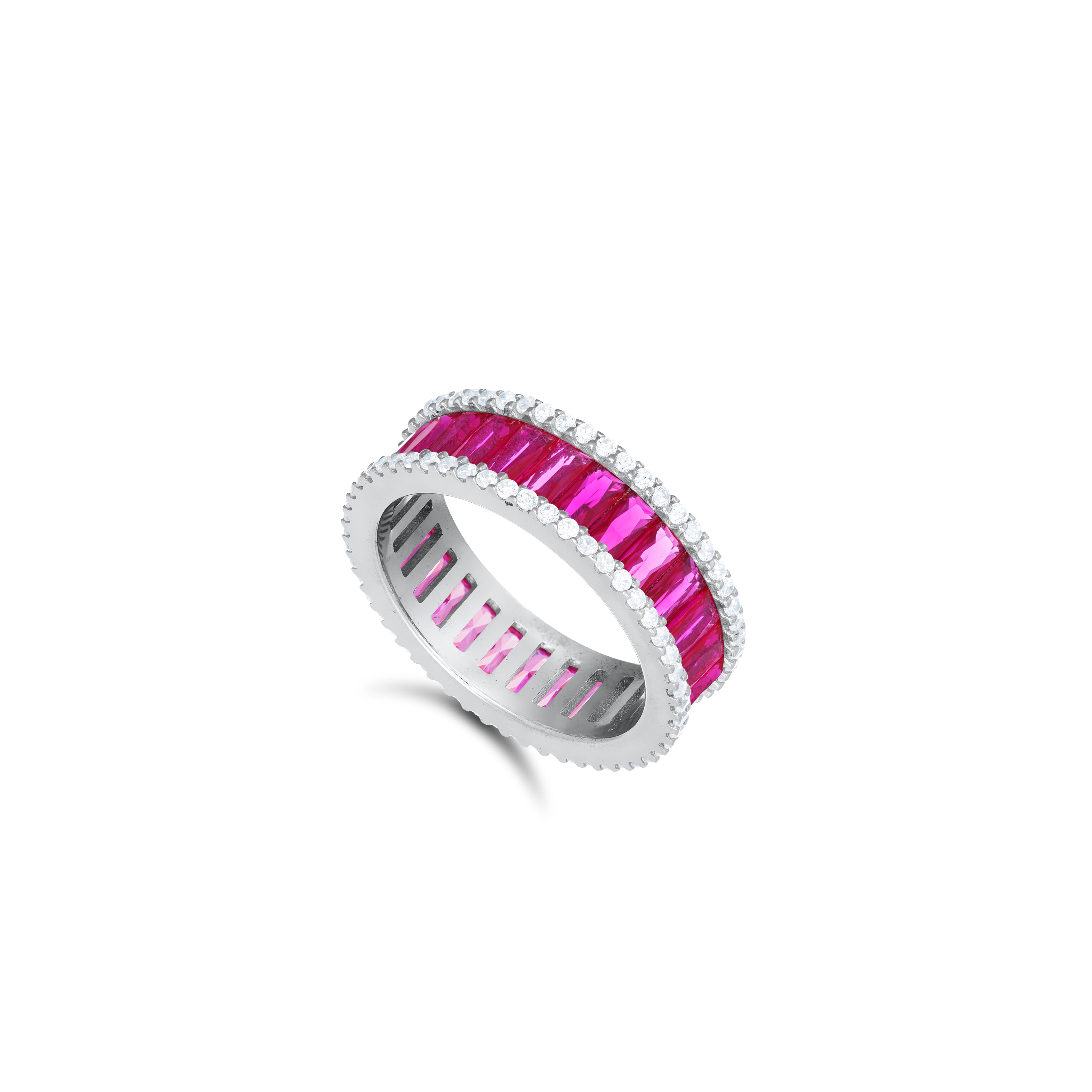 Two Parallel CZ Line With Baguette Eternity Ring - Silver Fuchsia And White