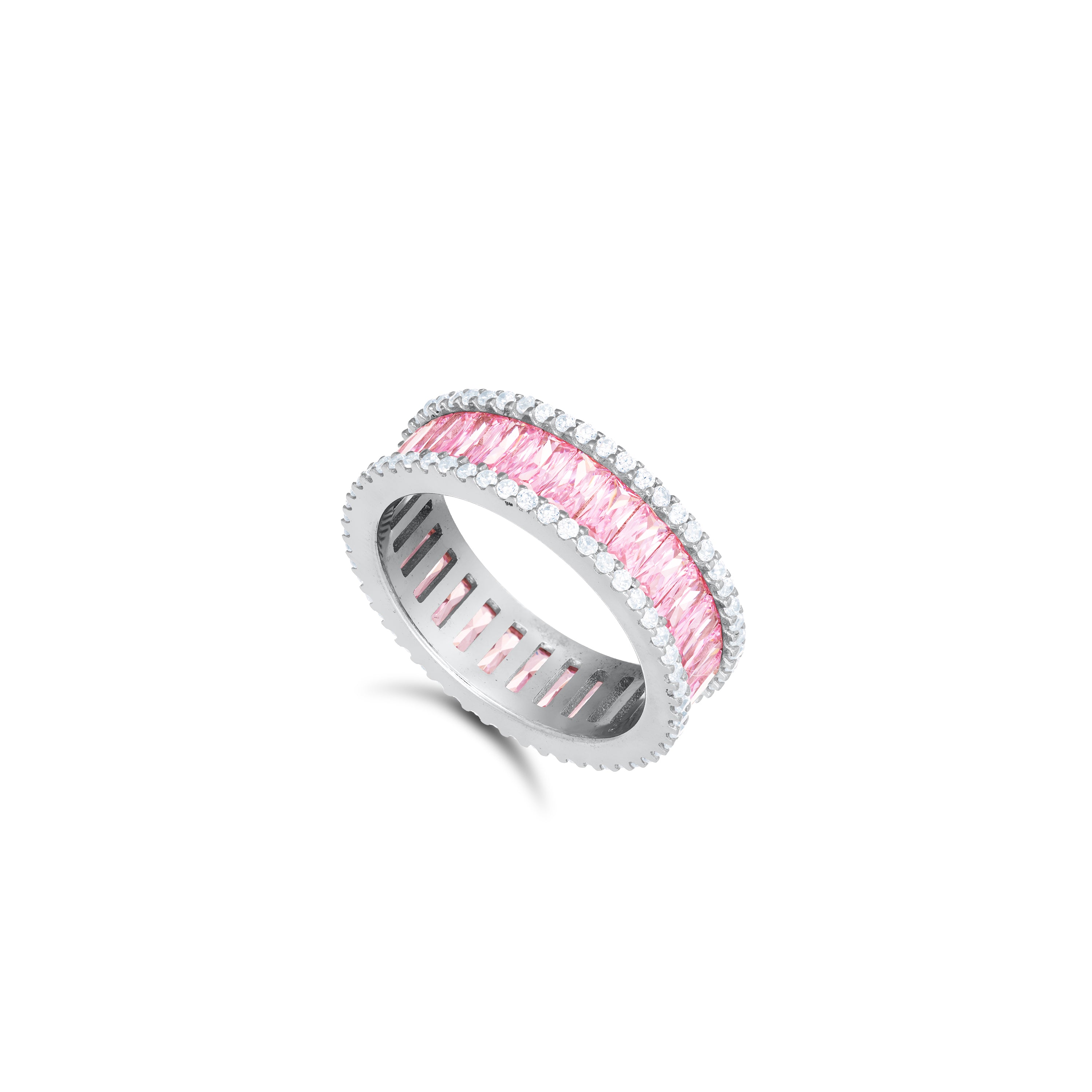 Two Parallel CZ Line With Baguette Eternity Ring - Silver Light Pink And White