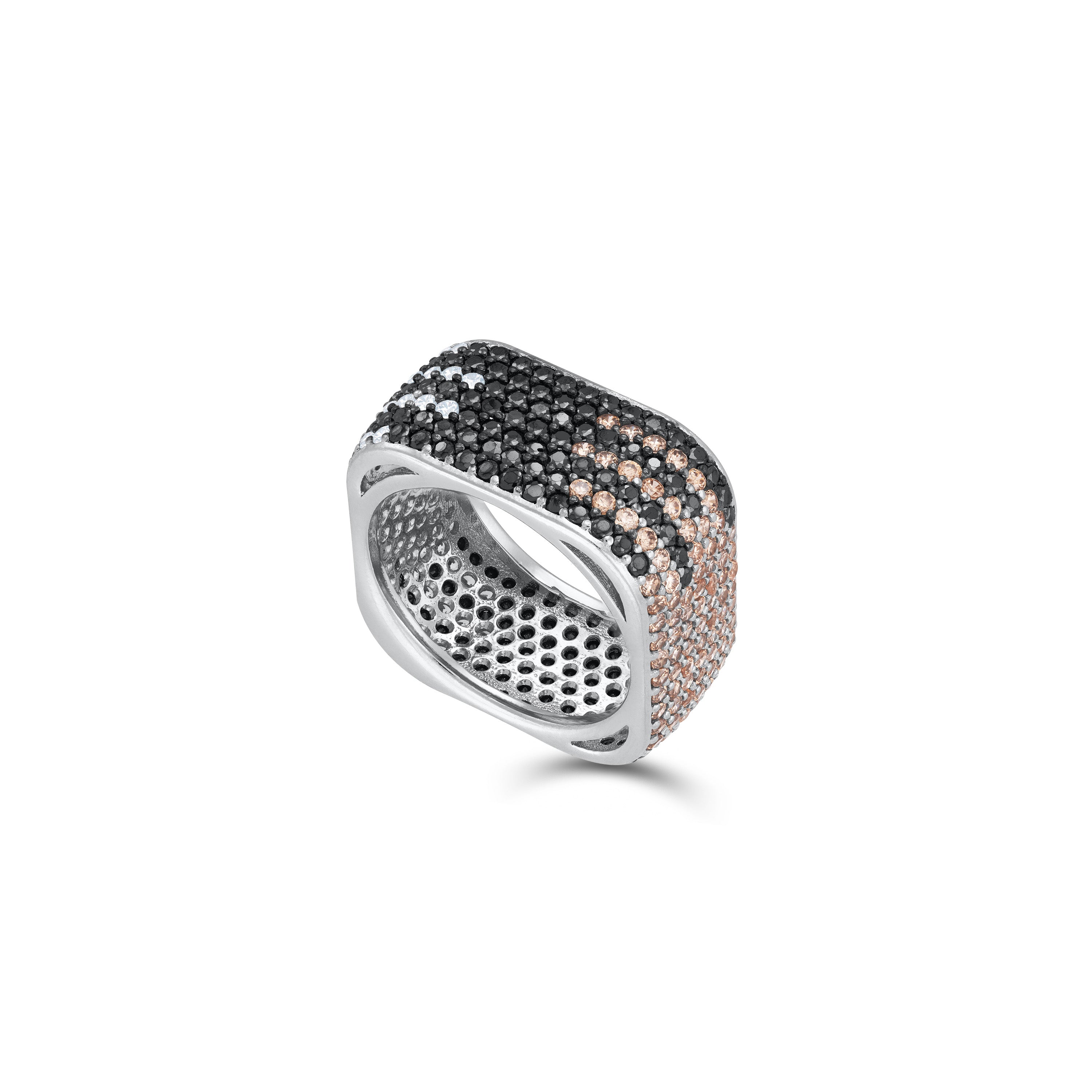 Zebra Cubic Zirconia Ring - Silver Black Champagne And White - Square