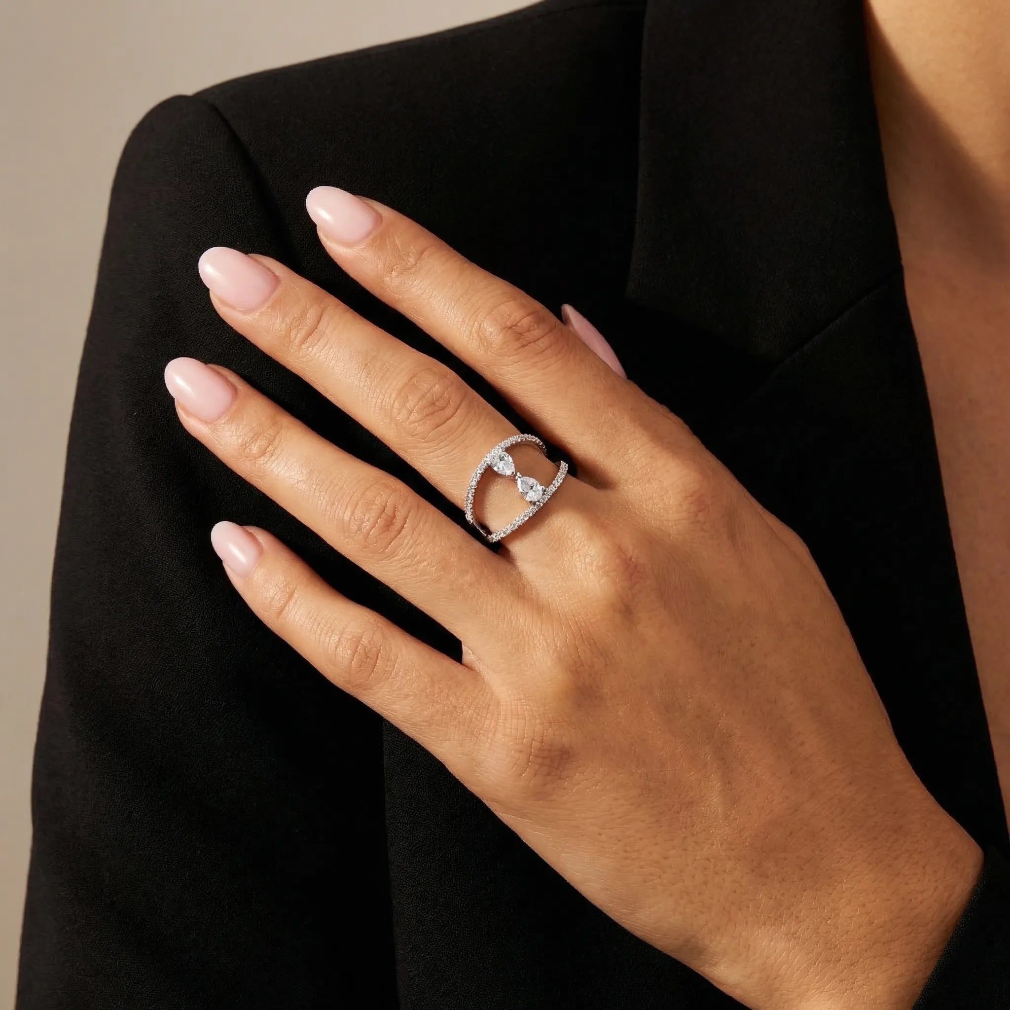 Double Teardrop Two Line Pave Ring - Silver White