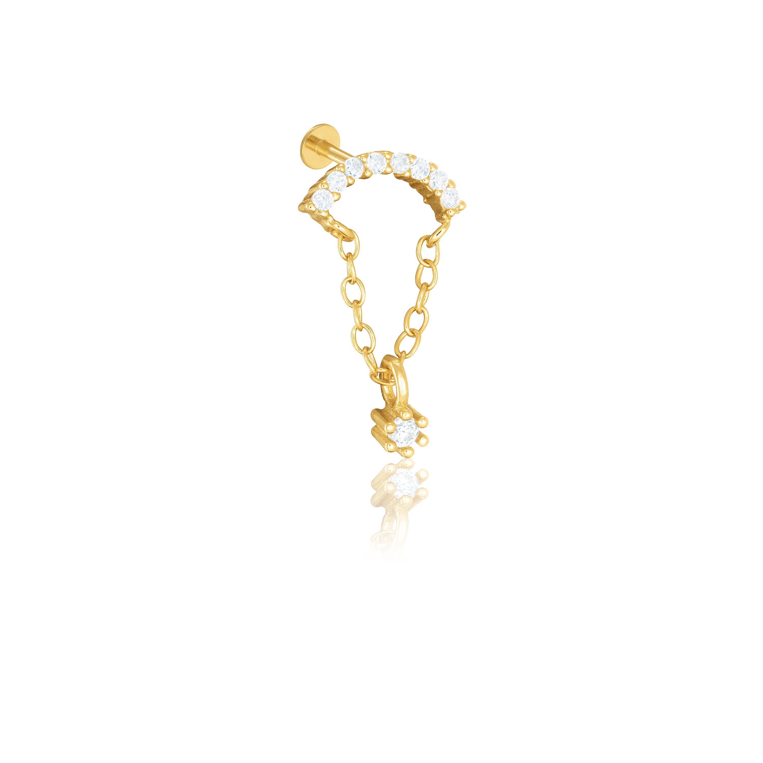 Curved Bar With Link Chain And Dangling Cz Stone Piercing - Gold White