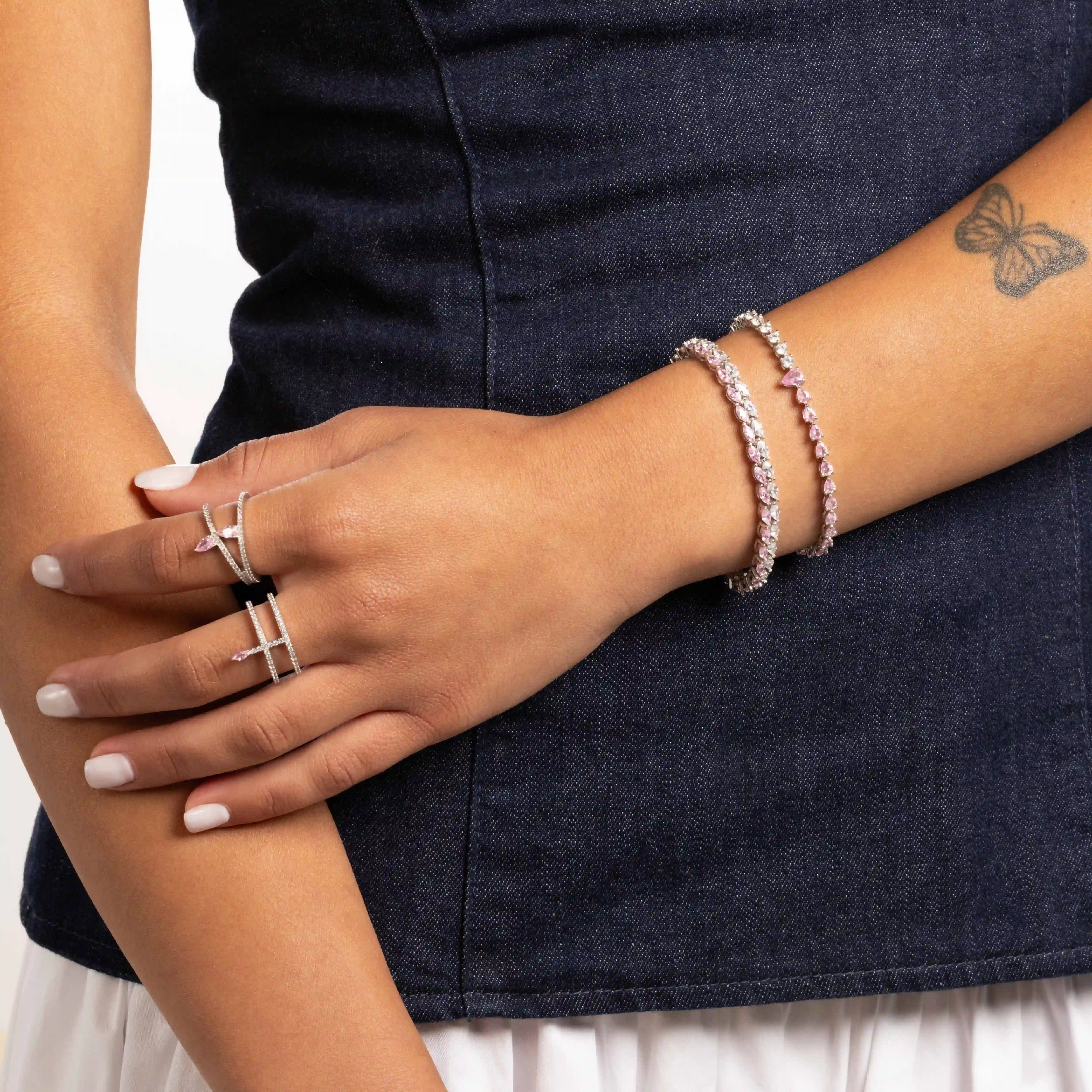 Double Marquise Line Tennis Bracelet - Silver Light Pink And White