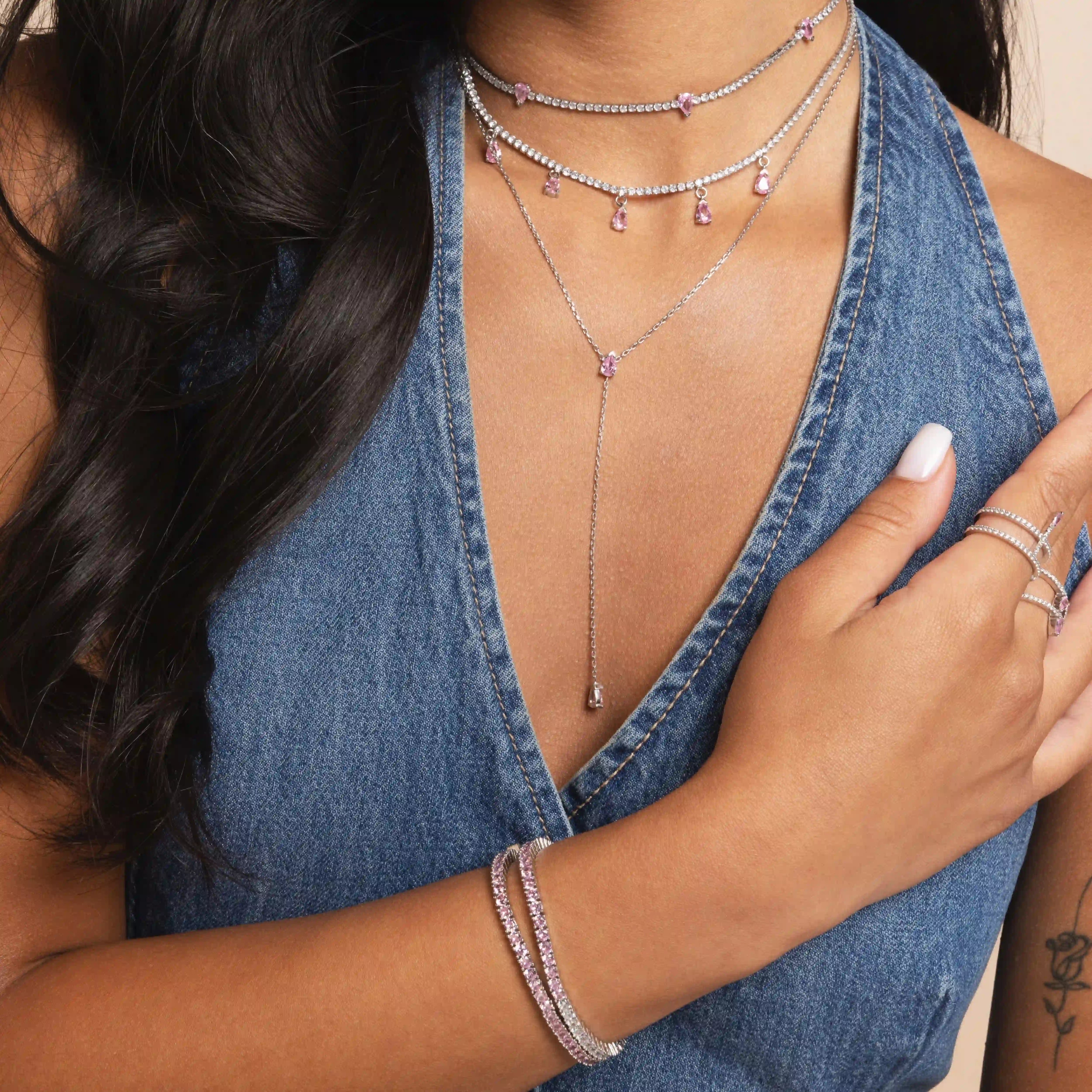 Dangling Multi Teardrop Tennis Choker - Silver Light Pink And White