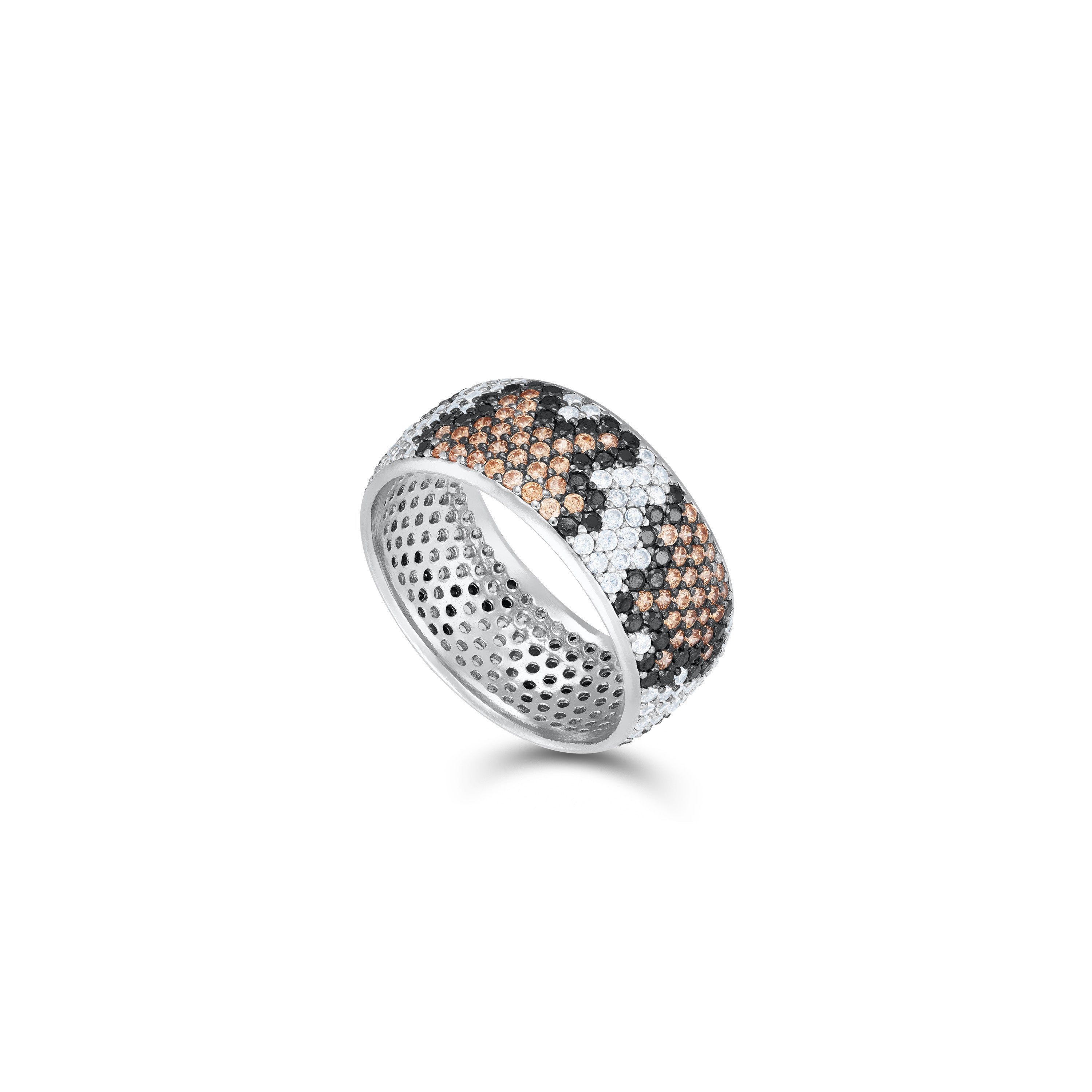 leopard Cubic Zirconia Ring - Silver Black Champagne And White - Round