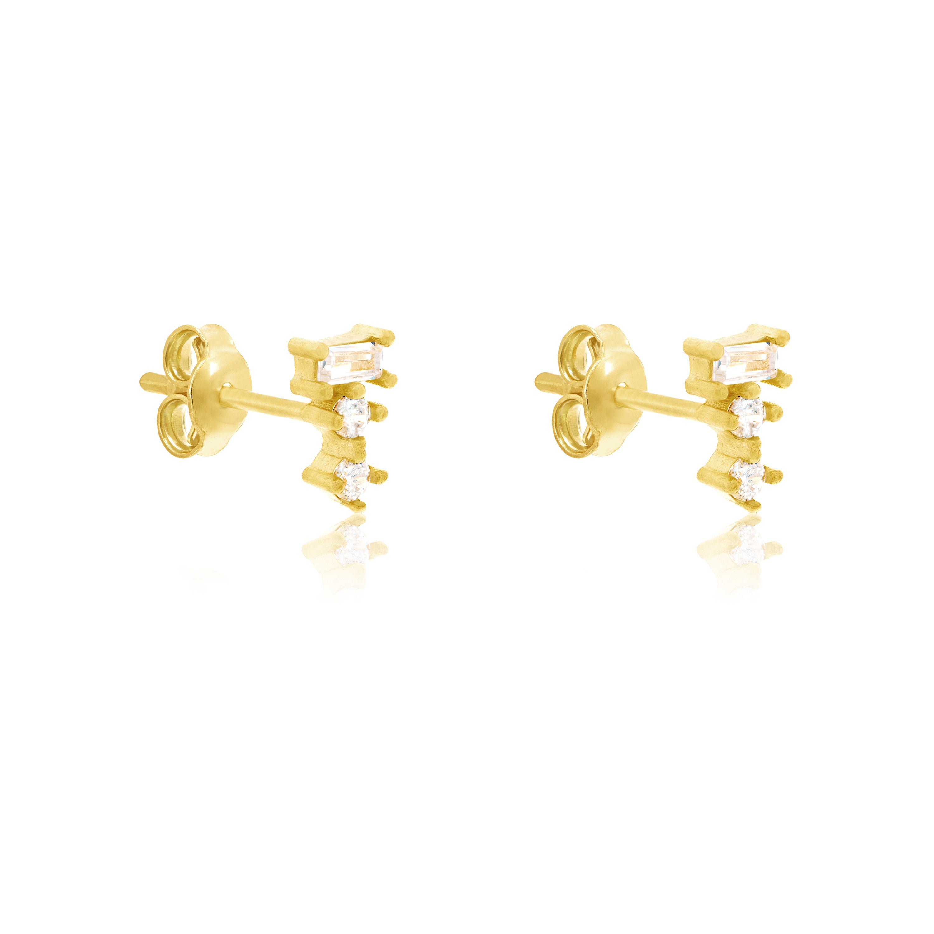Baguette And Solitaire Combo Stud Earrings - Gold White