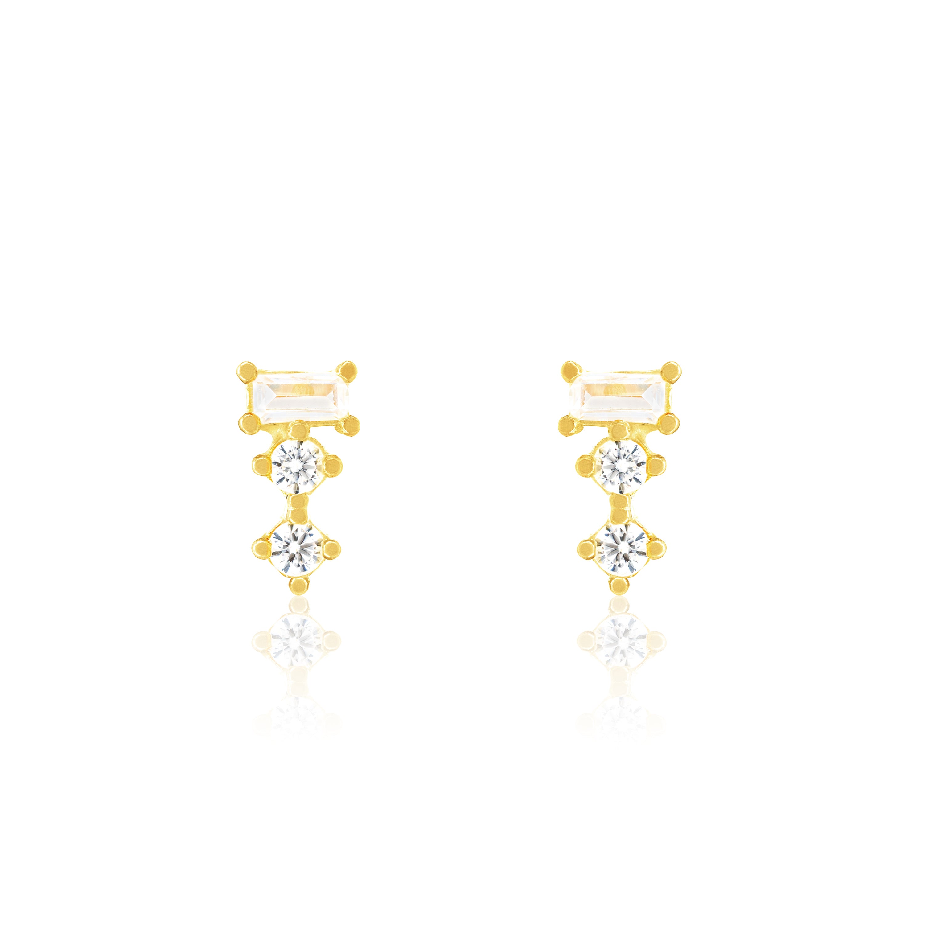Baguette And Solitaire Combo Stud Earrings - Gold White