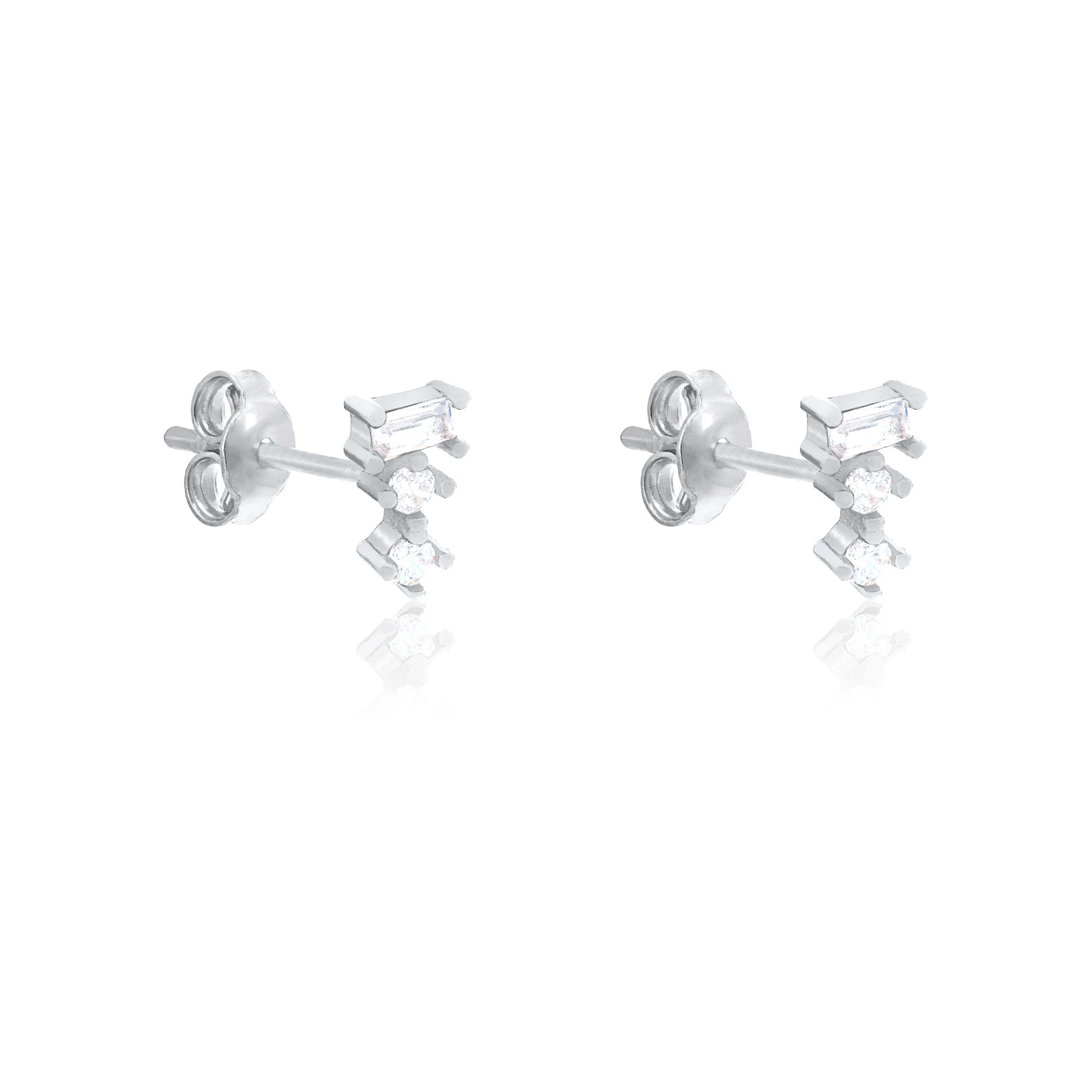 Baguette And Solitaire Combo Stud Earrings - Silver White